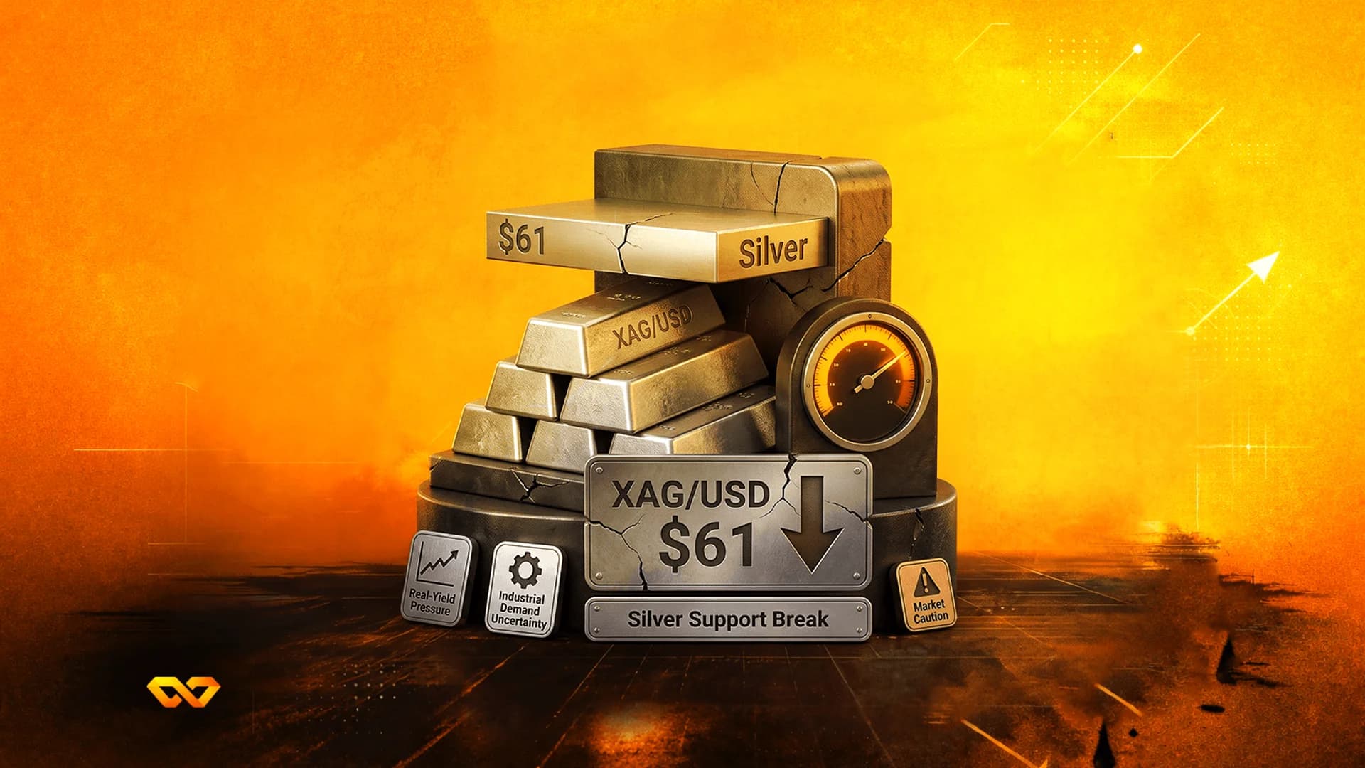 سبائك فضة متشققة مكدسة مع لافتة مكتوب عليها 'Silver Support Break' و 'XAG/USD $61' على خلفية برتقالية.