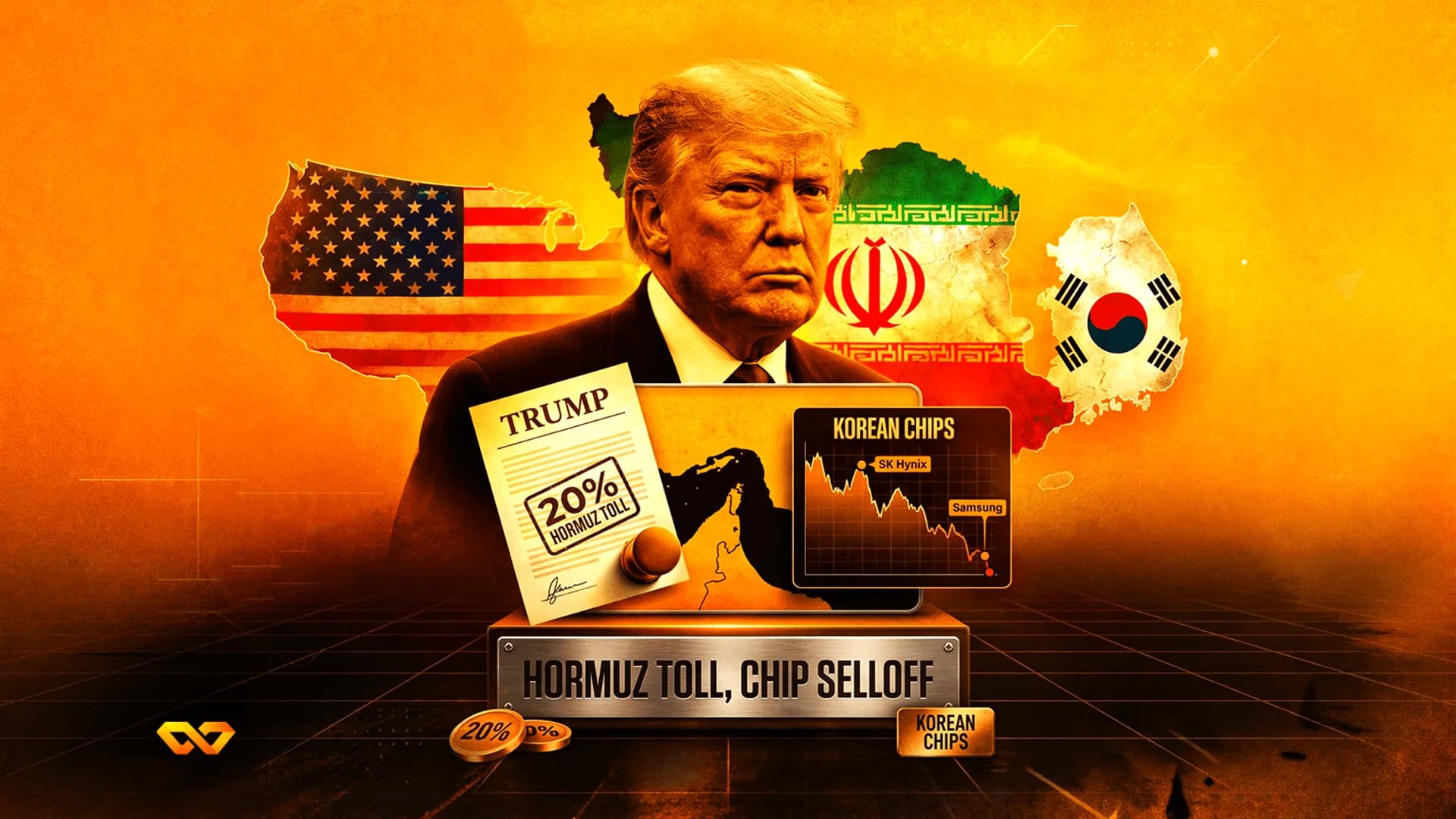 صورة لترامب مع أعلام أمريكا وإيران وكوريا الجنوبية، ووثيقة رسوم هرمز، ورسم بياني لهبوط أسهم الرقائق الكورية.