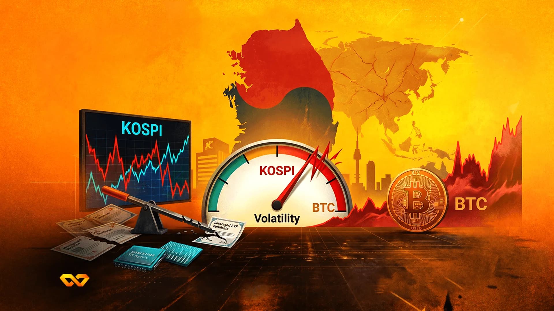 رسم توضيحي لمقياس تقلب بين مؤشر كوسبي والبيتكوين، مع خريطة لكوريا الجنوبية ورقائق حاسوب في المقدمة.