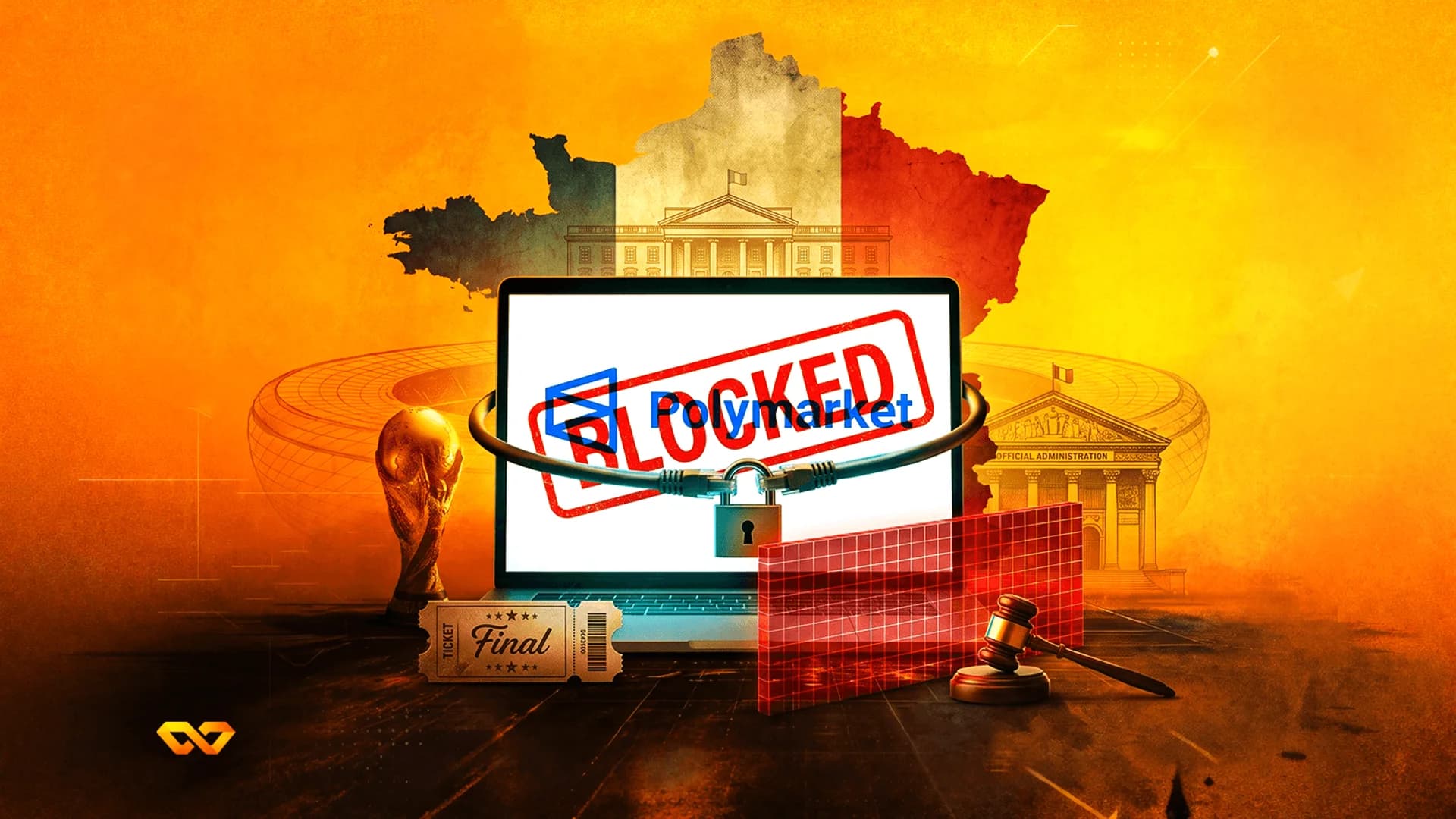 كمبيوتر محمول عليه كلمة 'محظور' و'Polymarket'، مع قفل ومطرقة قاضٍ وخريطة فرنسا بألوان علمها على خلفية برتقالية.