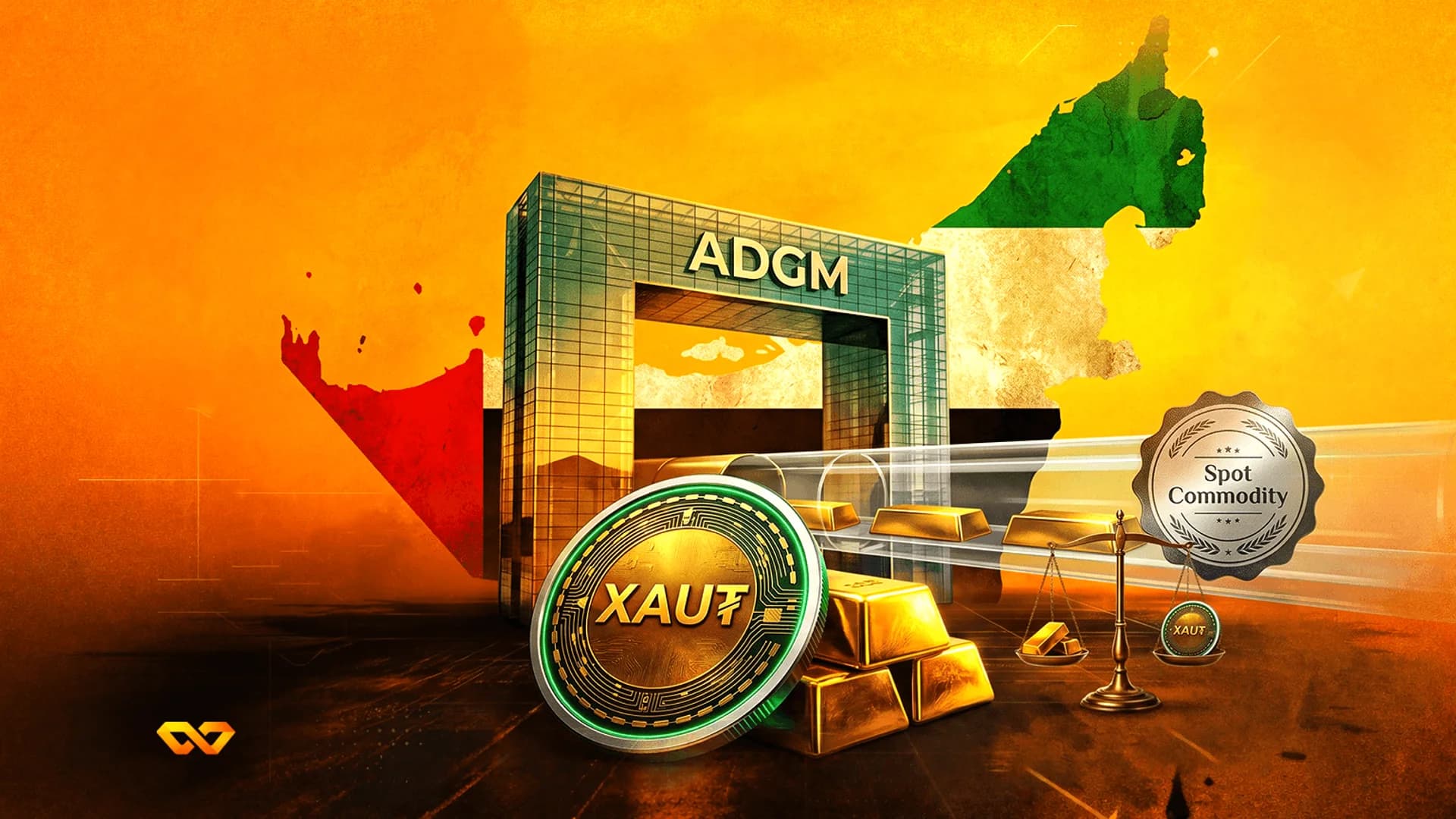 عملة XAUt وسبائك ذهبية أمام مبنى ADGM وخريطة الإمارات العربية المتحدة على خلفية برتقالية.