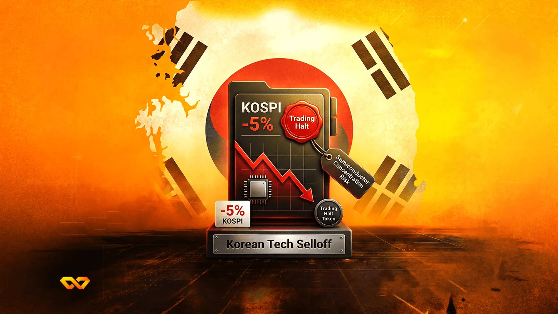 رسم توضيحي لمخطط سهمي هابط مع نص 'KOSPI -5%' وختم 'تعليق التداول' أمام علم كوريا الجنوبية.