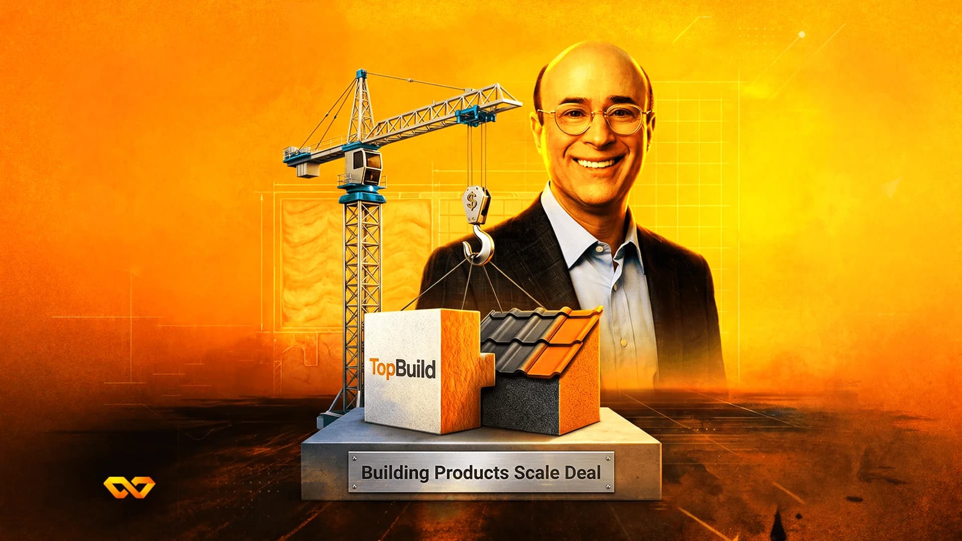 صورة لرجل بجانب رافعة بناء ومكعب يحمل شعار TopBuild على خلفية برتقالية محكمة.