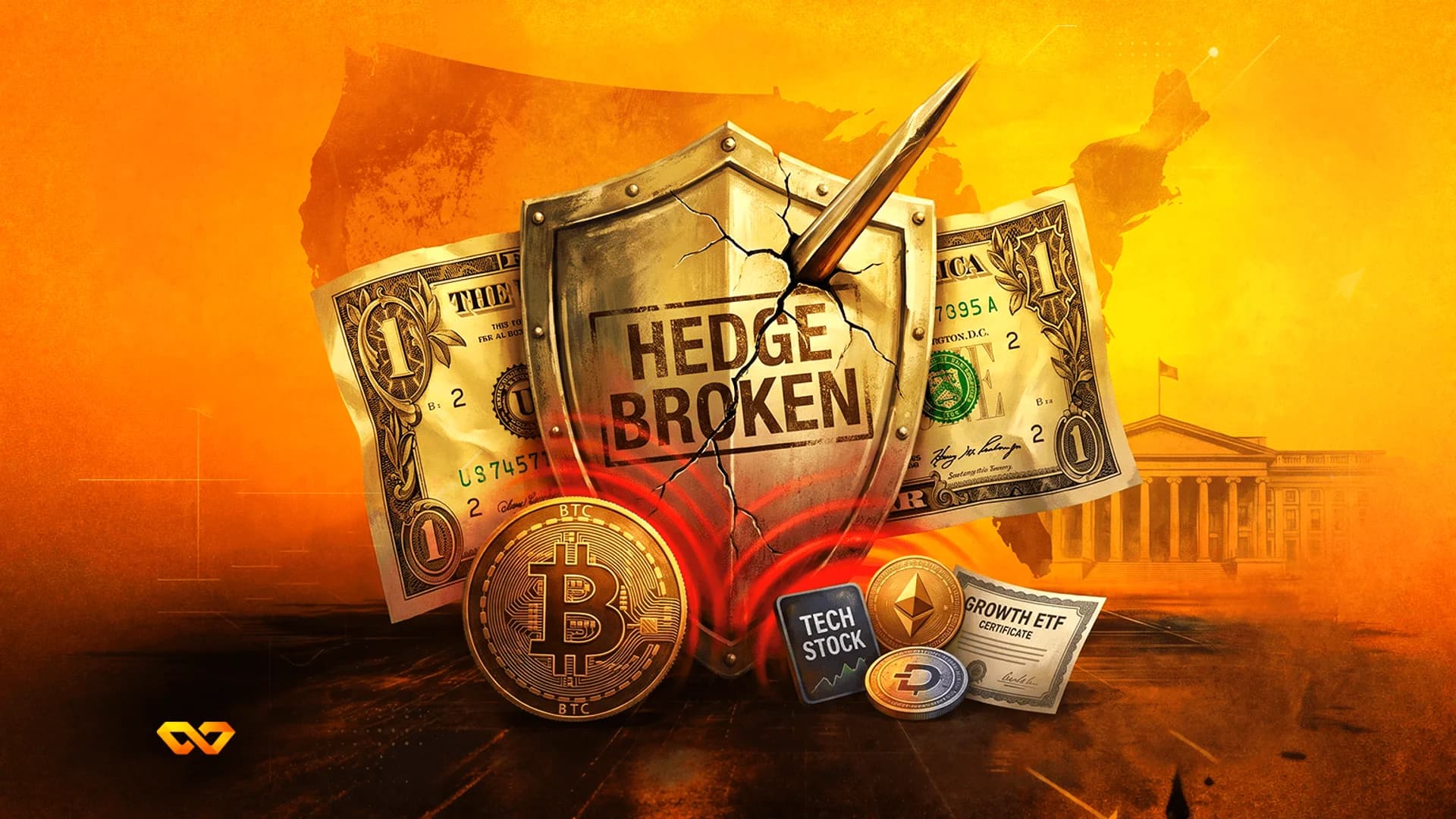 درع متصدع عليه نص 'HEDGE BROKEN'، مخترق برمح، مع أوراق دولار وعملة بيتكوين وعملات مشفرة.