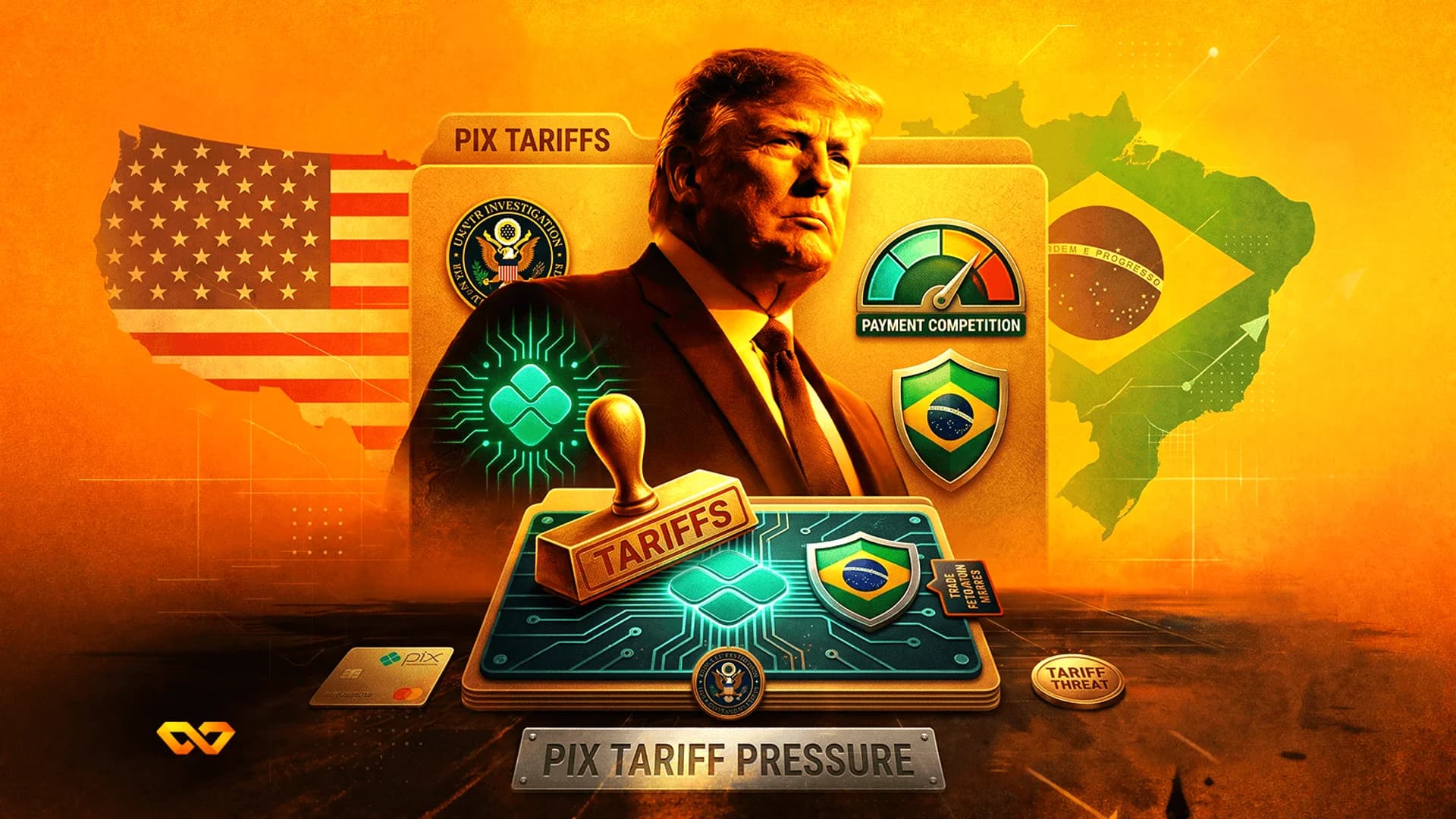 صورة لدونالد ترامب بين علمي أمريكا والبرازيل مع نص 'PIX TARIFFS' وختم جمركي فوق لوحة دوائر إلكترونية.