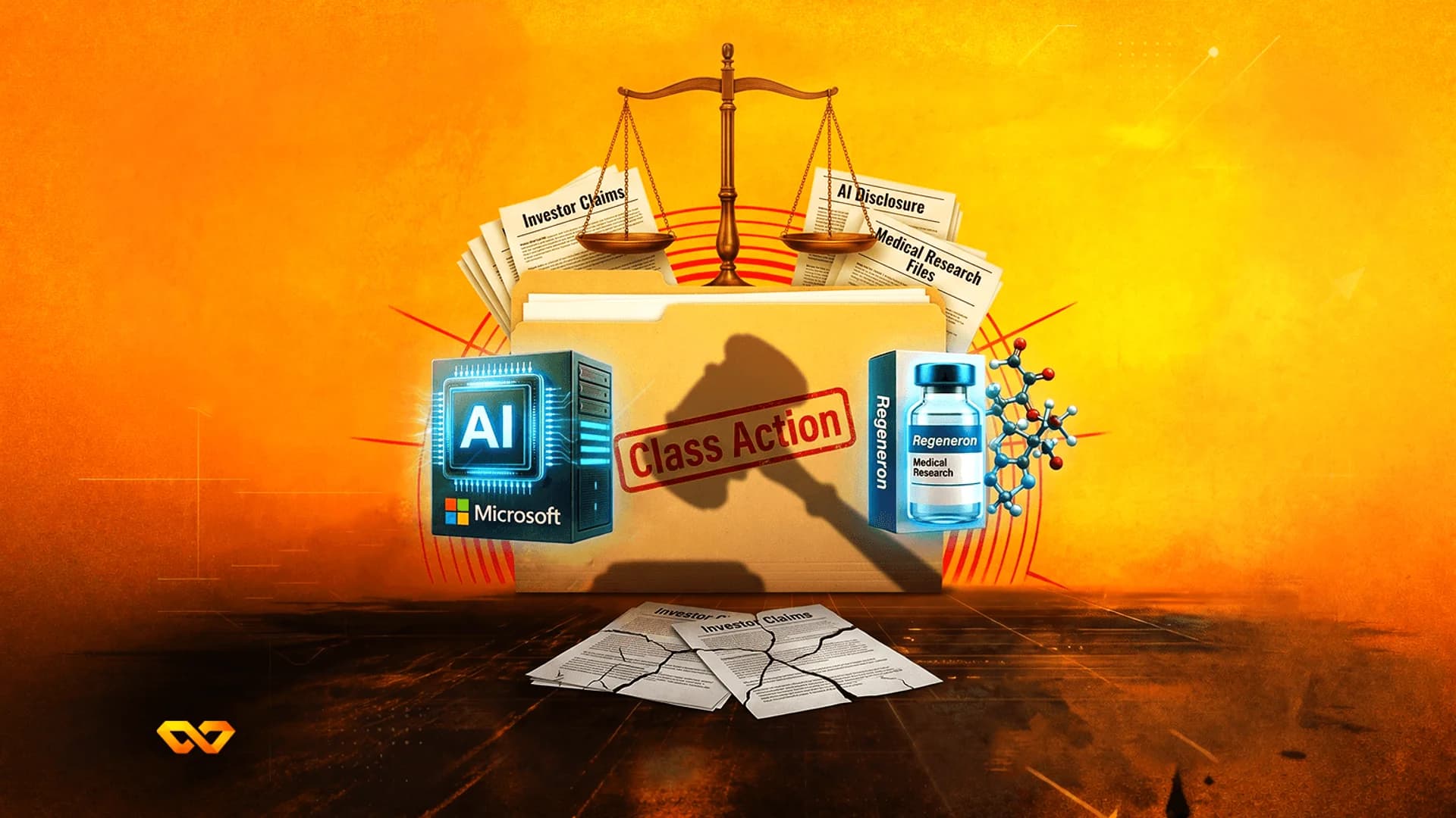 مجلد أصفر مختوم بـ 'Class Action' مع خادم مايكروسوفت وقارورة ريجينيرون وميزان العدالة على خلفية برتقالية.