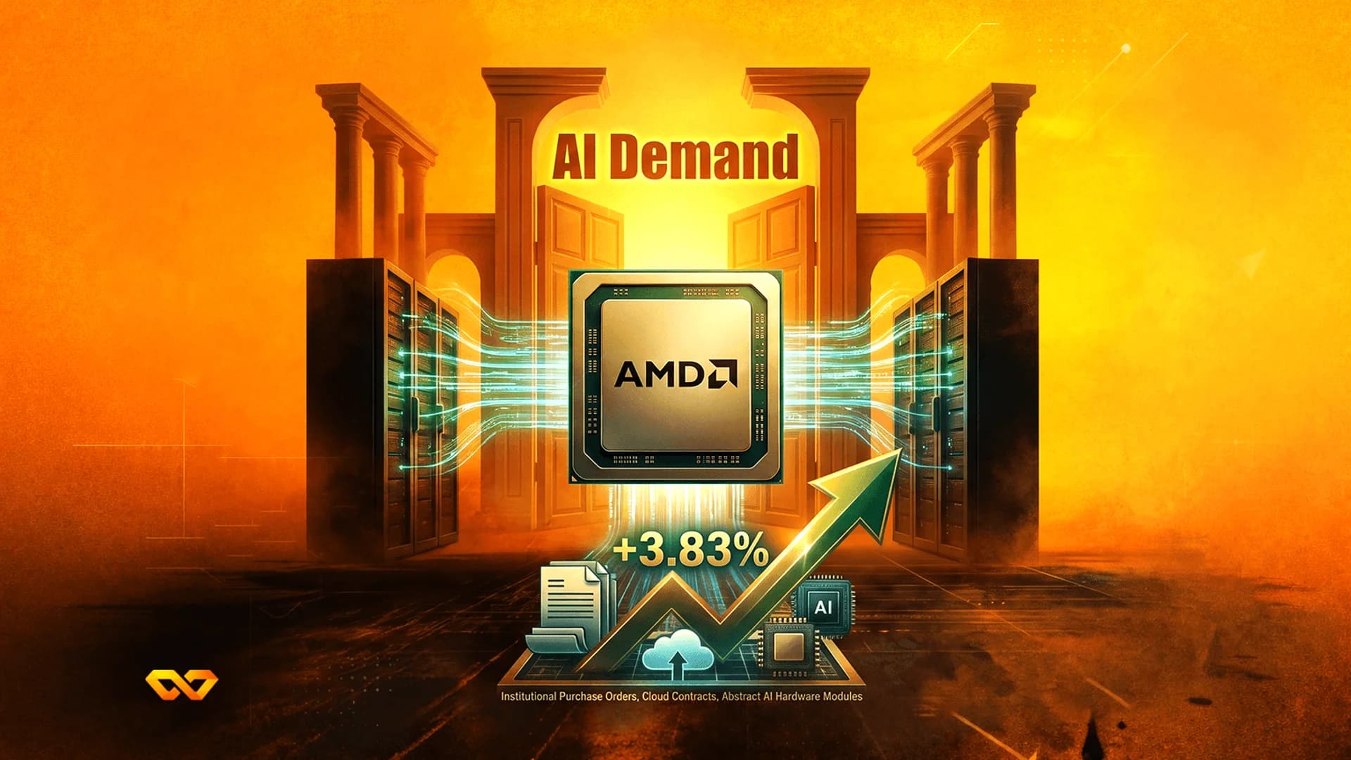 معالج AMD في المنتصف بين خوادم مع سهم صاعد يظهر +3.83% على خلفية برتقالية.