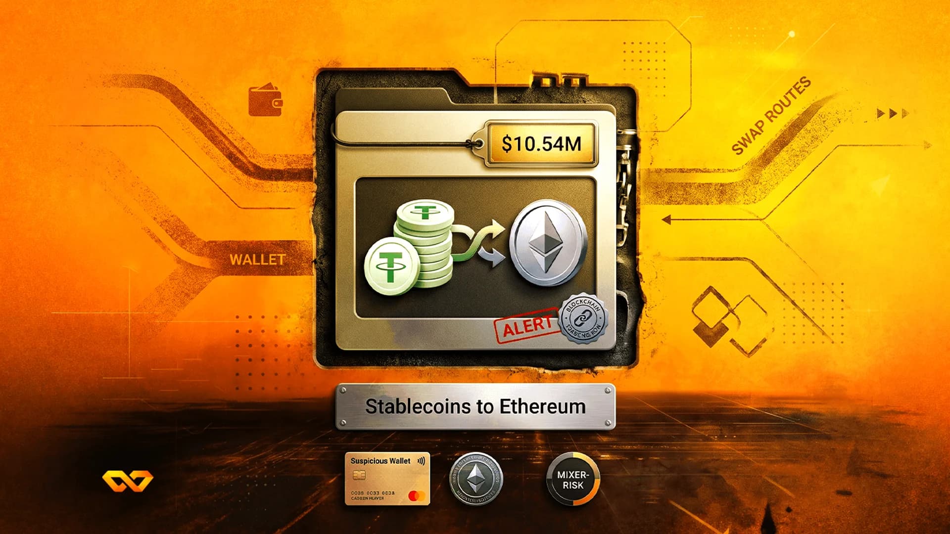 رسم توضيحي لعملات تيذر تتحول إلى عملة إيثريوم مع علامة سعر 10.54 مليون دولار وتنبيهات بالمخاطر.