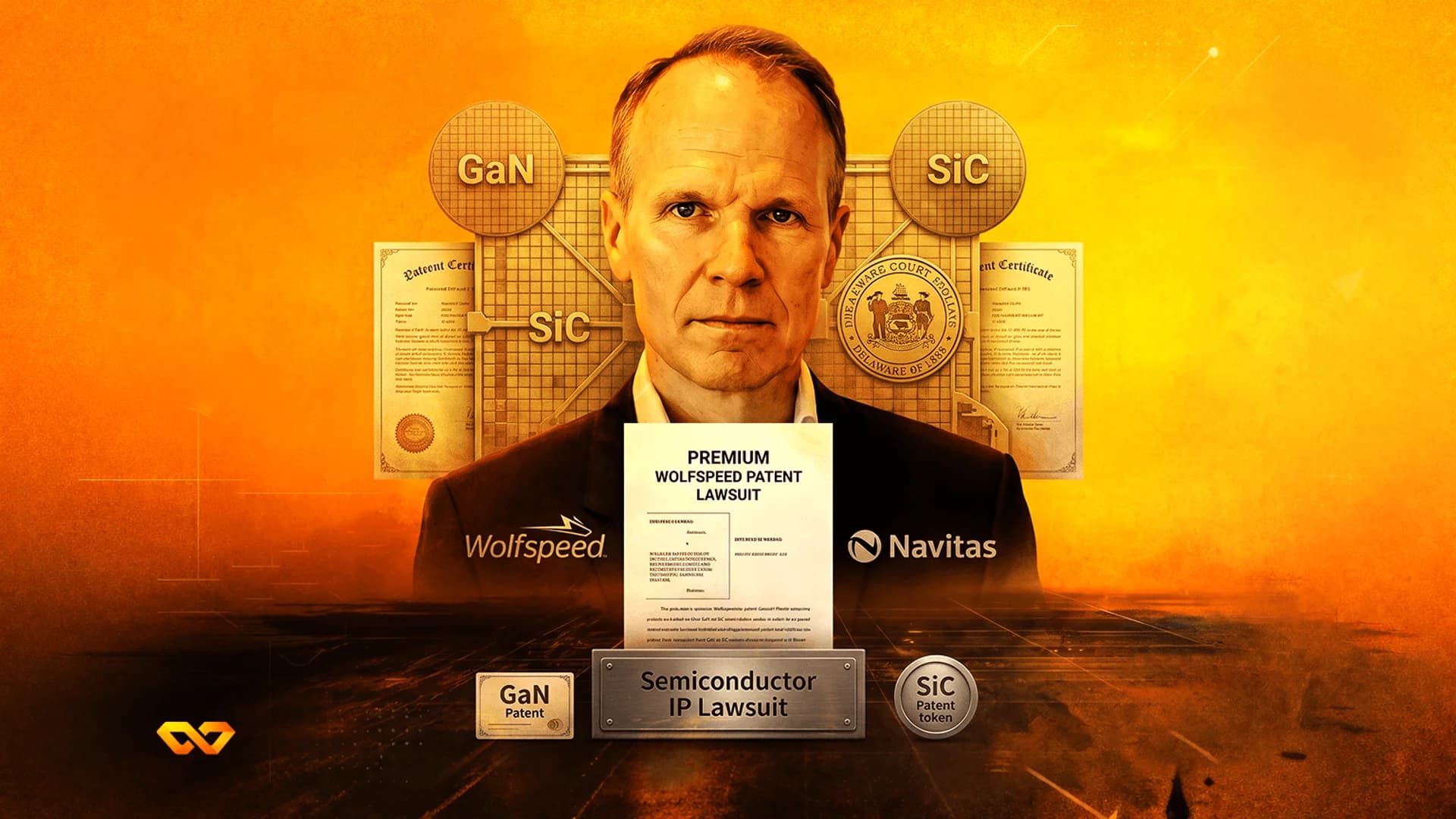 صورة لرجل في المنتصف على خلفية برتقالية مع شعاري شركتي Wolfspeed و Navitas ووثائق براءات اختراع.