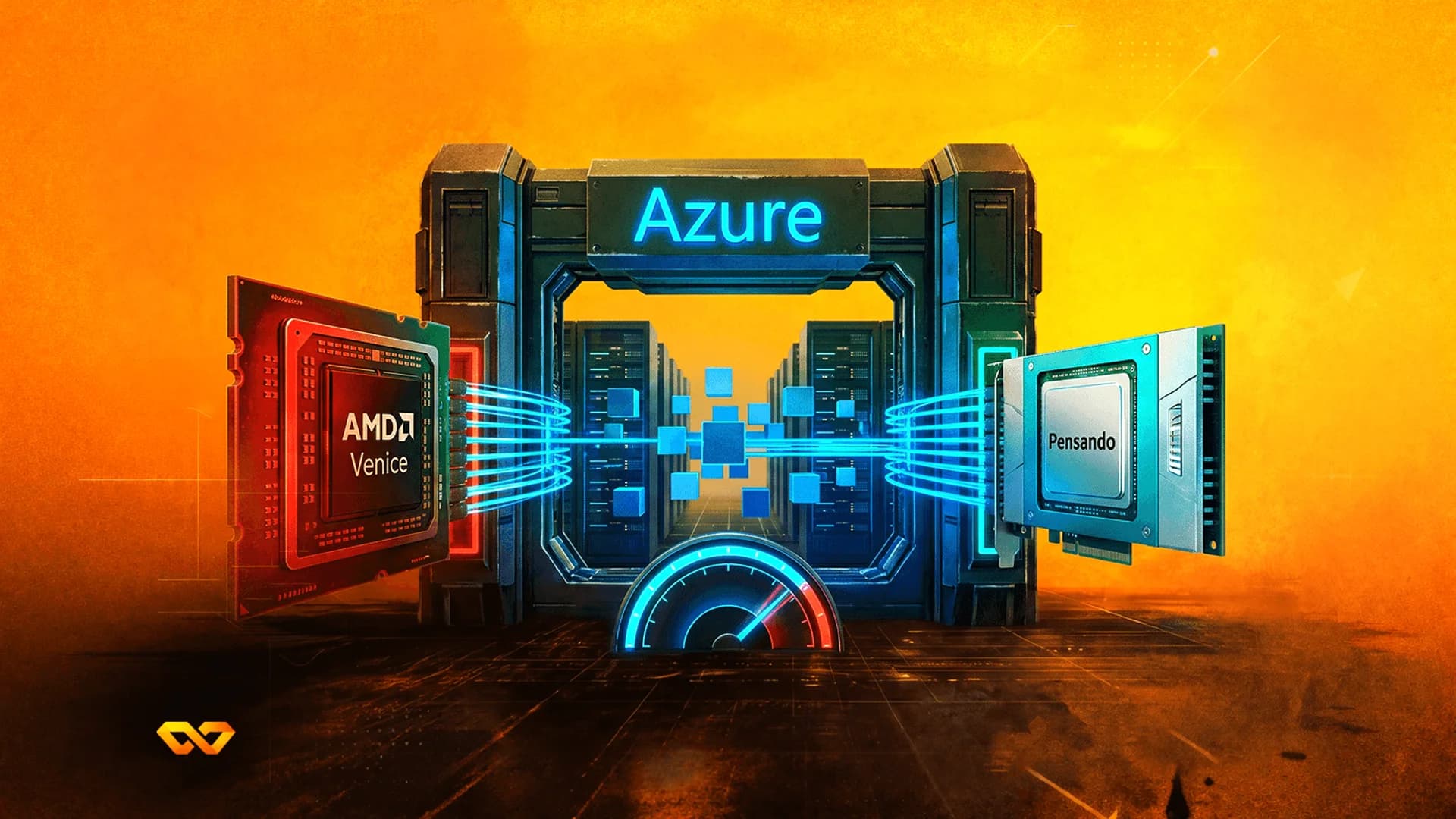 رسم توضيحي رقمي لرقائق AMD Venice وPensando تتصل ببوابة خادم Azure متوهجة.
