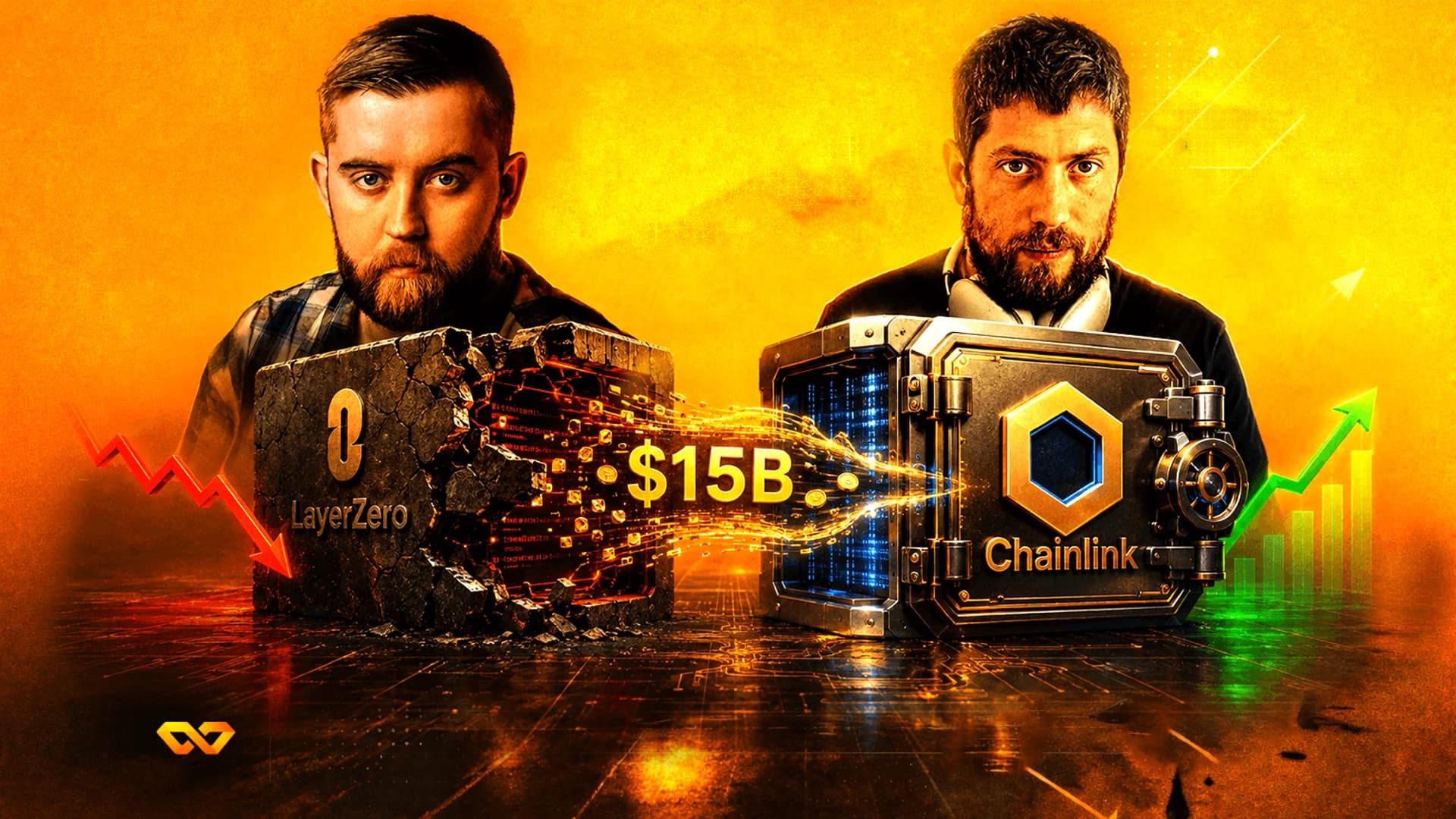 رجلان خلف خزائن تحمل شعاري LayerZero وChainlink، مع انتقال مبلغ 15 مليار دولار ورسوم بيانية للسوق.