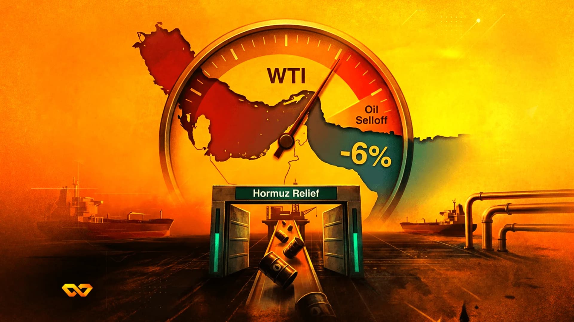 مقياس يحمل علامة WTI يظهر انخفاضًا بنسبة 6٪، مع براميل نفط على حزام ناقل وخريطة لمضيق هرمز.