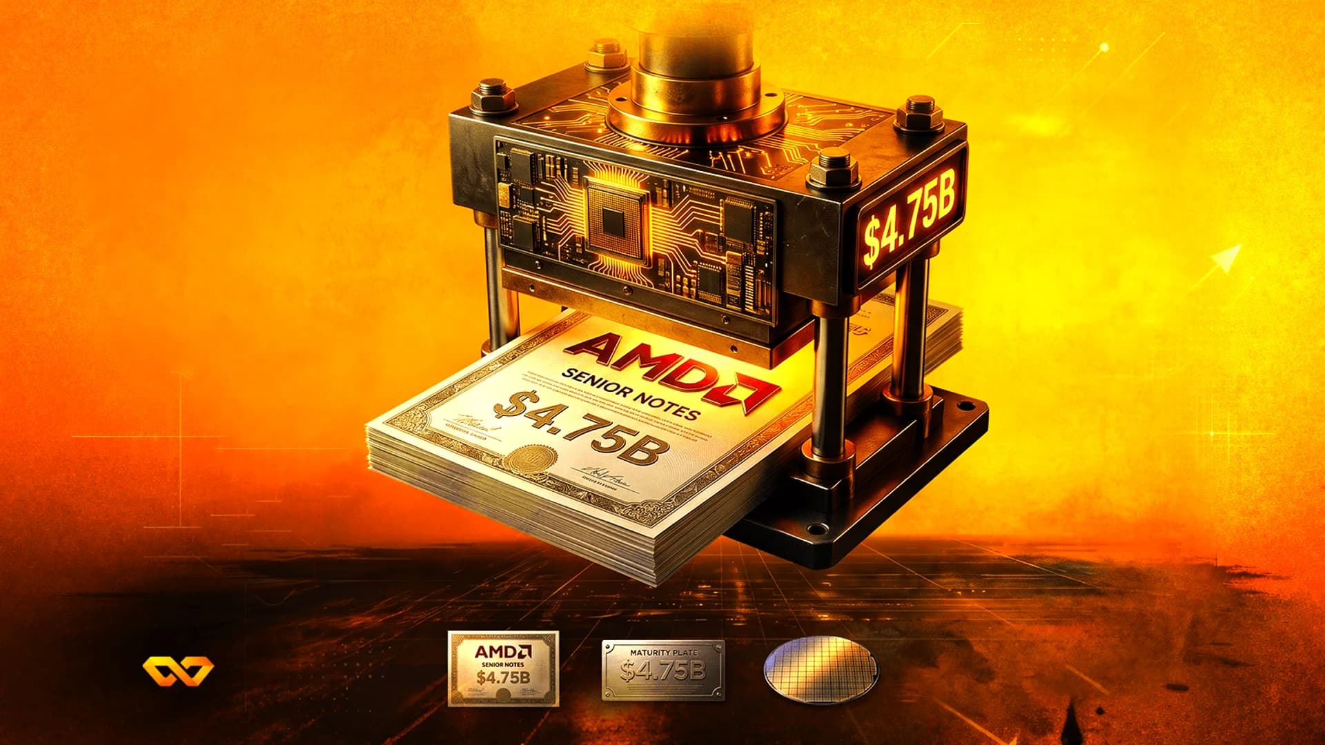 مكبس ميكانيكي بنقوش دوائر إلكترونية يضغط حزمة من سندات AMD بقيمة 4.75 مليار دولار على خلفية برتقالية.