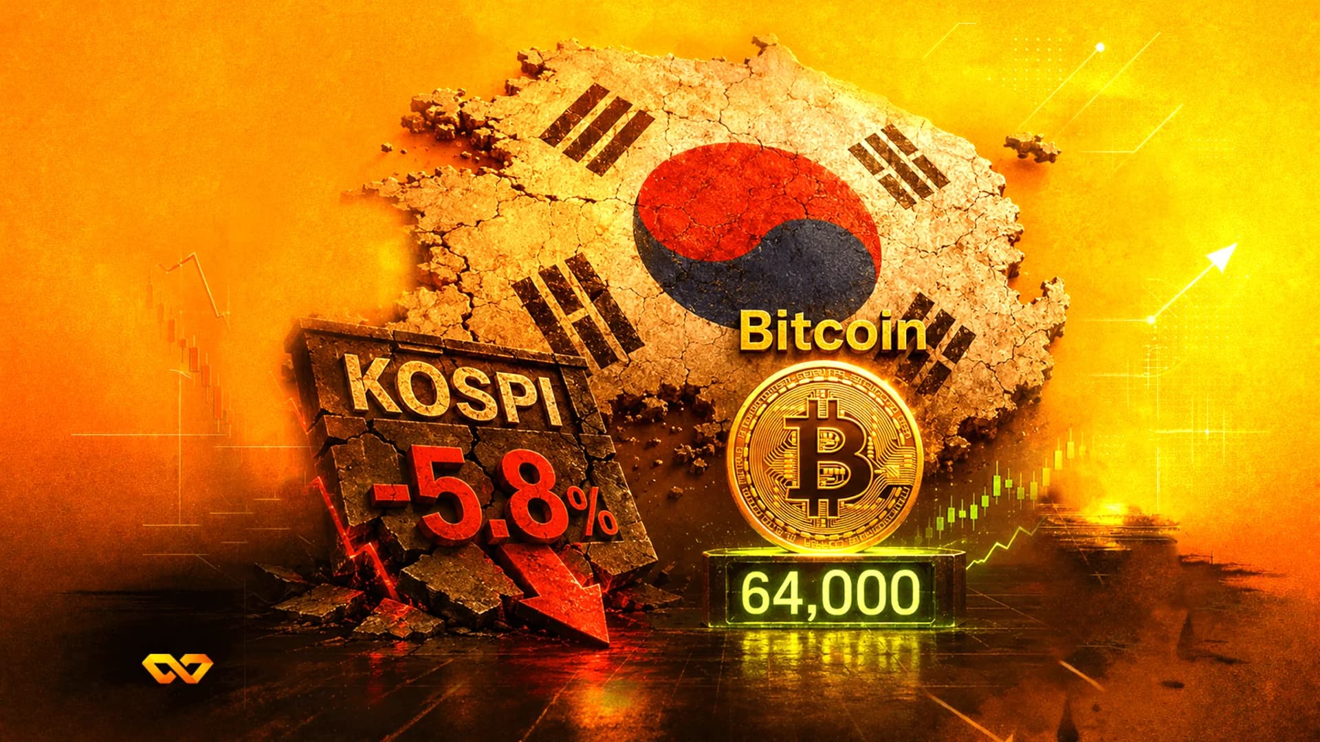خريطة كوريا الجنوبية وعلمها، وكتلة حجرية KOSPI -5.8% مع سهم أحمر، وعملة بيتكوين ذهبية فوق رقم 64,000.