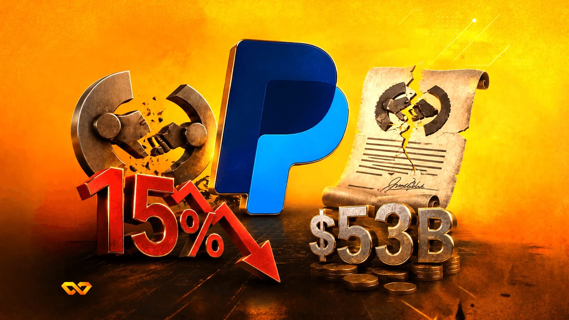 شعار باي بال بجانب نسبة 15% حمراء مع سهم هابط، وعلامة 53 مليار دولار فوق عملات معدنية، ووثيقة ممزقة على خلفية برتقالية.