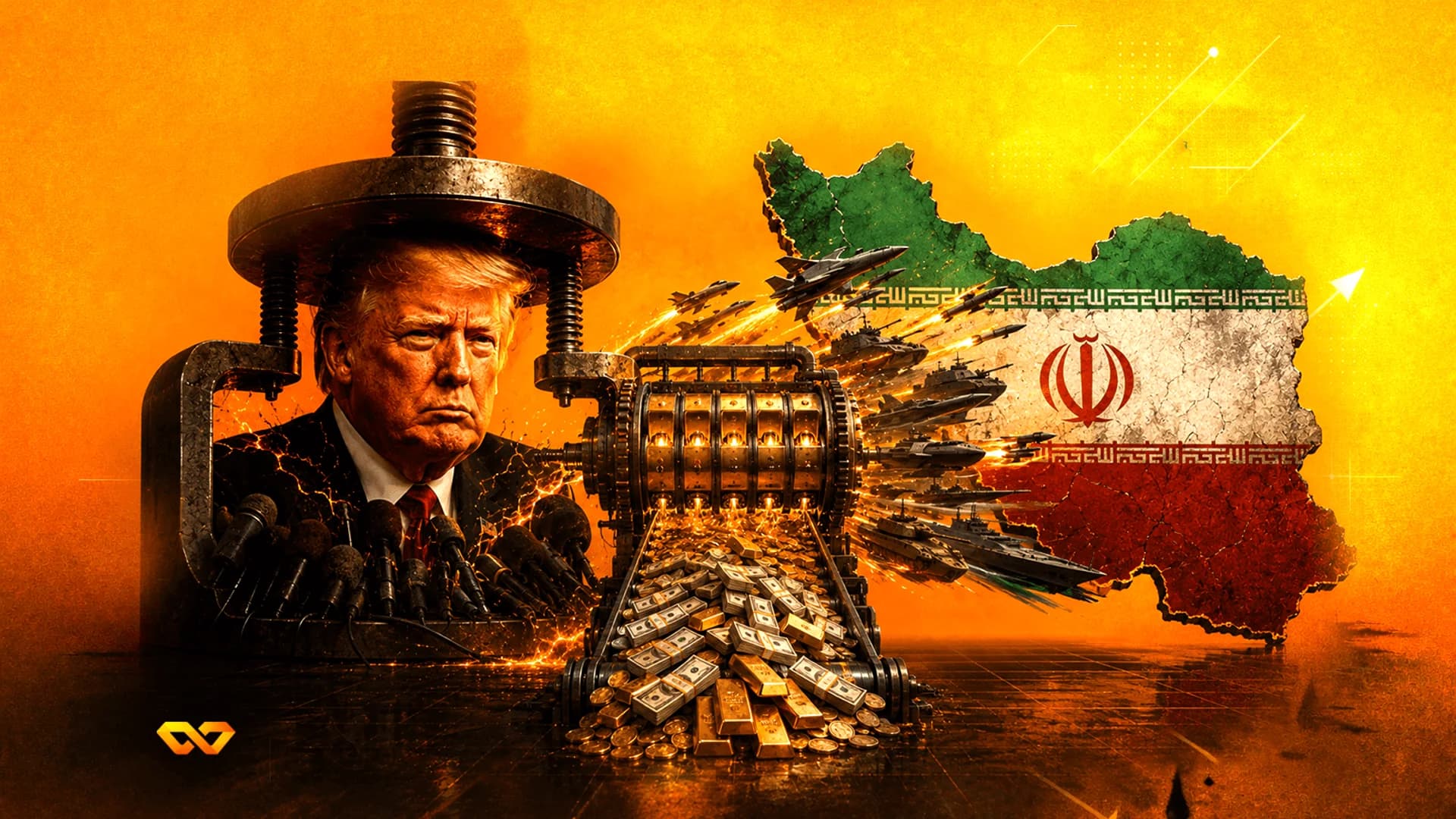 دونالد ترامب في مكبس آلي بجانب ذهب ونقود، مع مركبات عسكرية تهاجم خريطة إيران.