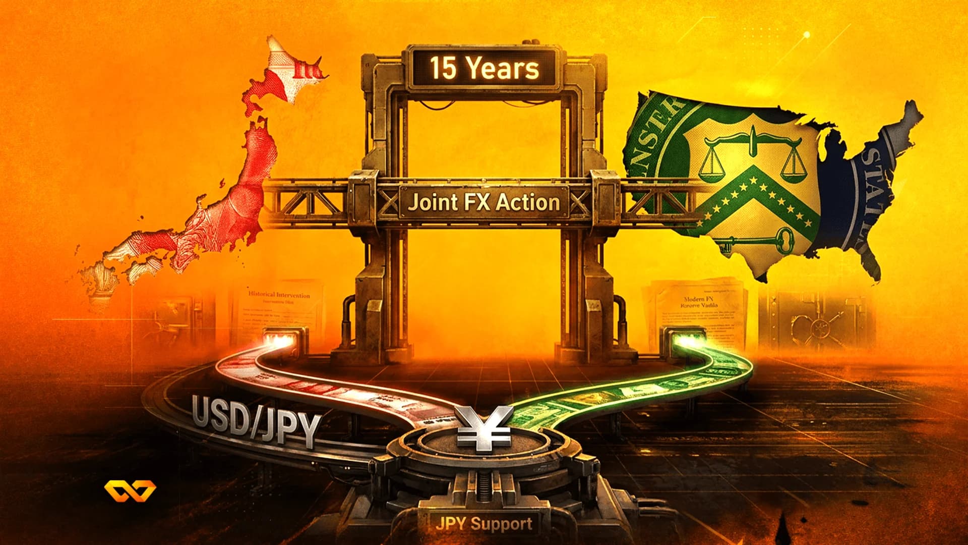 رسم توضيحي صناعي يضم خرائط لليابان والولايات المتحدة، ورموز العملات، ونص يقرأ USD/JPY و JPY Support.