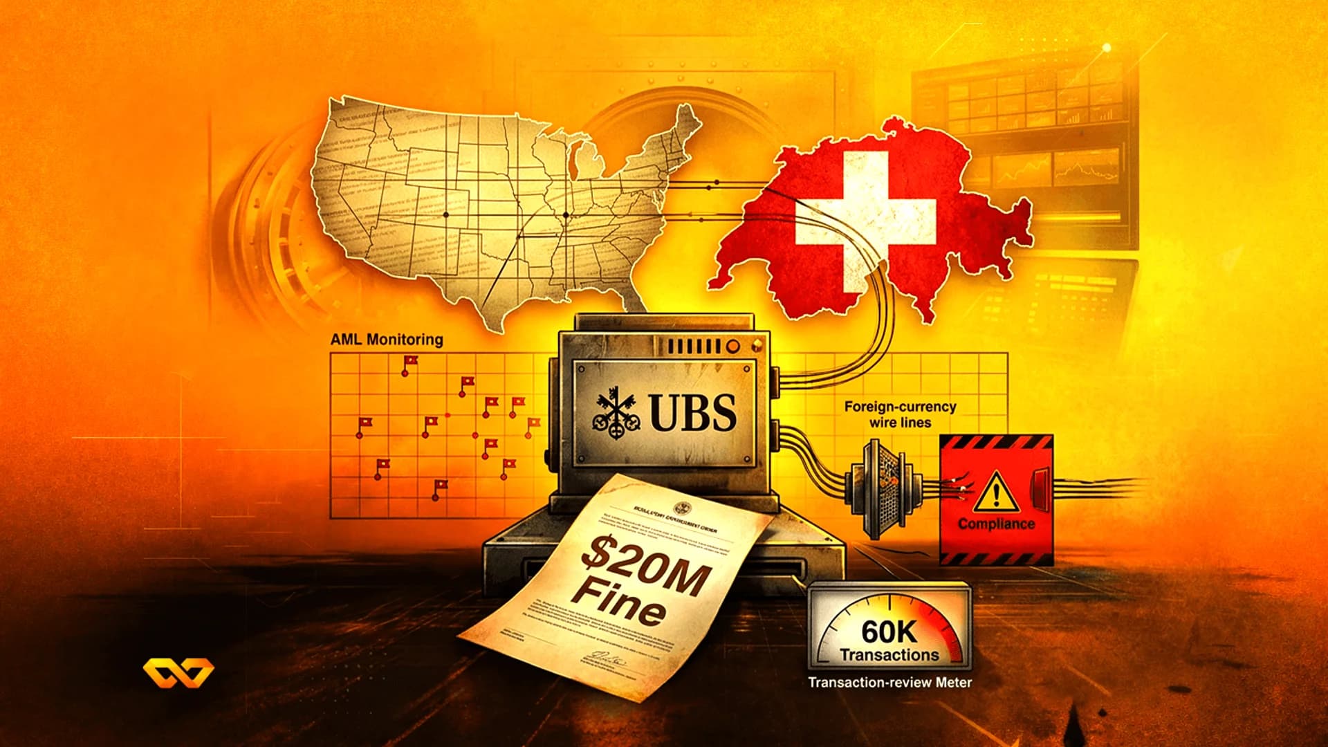 رسم توضيحي لآلة تحمل شعار UBS مع وثيقة غرامة بقيمة 20 مليون دولار، وخرائط للولايات المتحدة وسويسرا، وعداد معاملات.