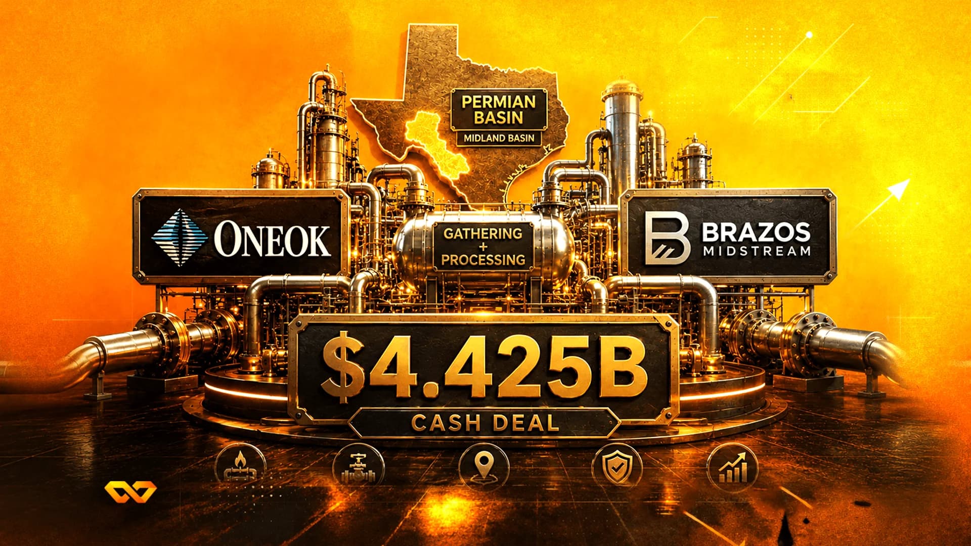أنابيب وخزانات صناعية مع شعاري ONEOK وBrazos Midstream، وخريطة تكساس، ولوحة صفقة نقدية بقيمة 4.425 مليار دولار.