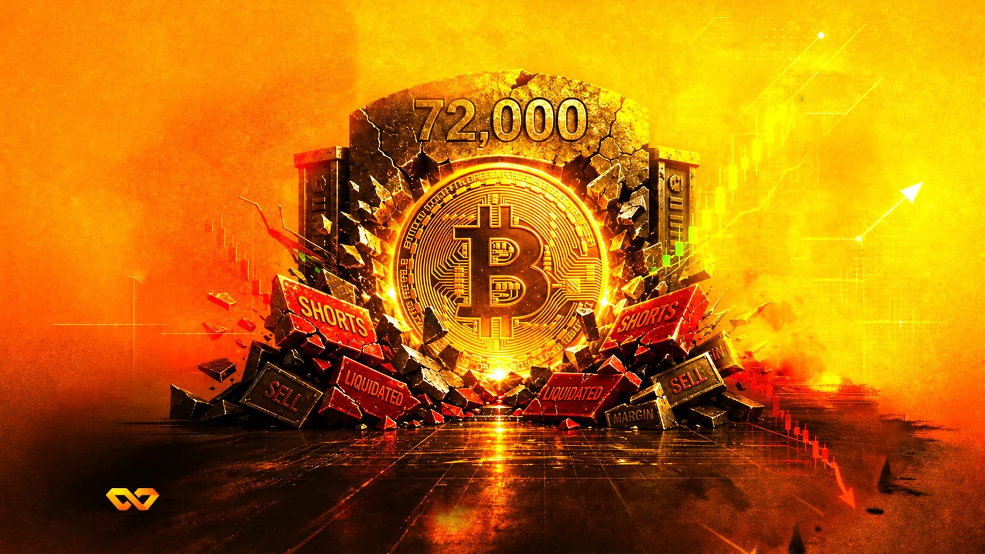 شعار بيتكوين يخترق جداراً حجرياً عليه الرقم 72,000 مع حطام مكتوب عليه كلمات بيع وتصفية.