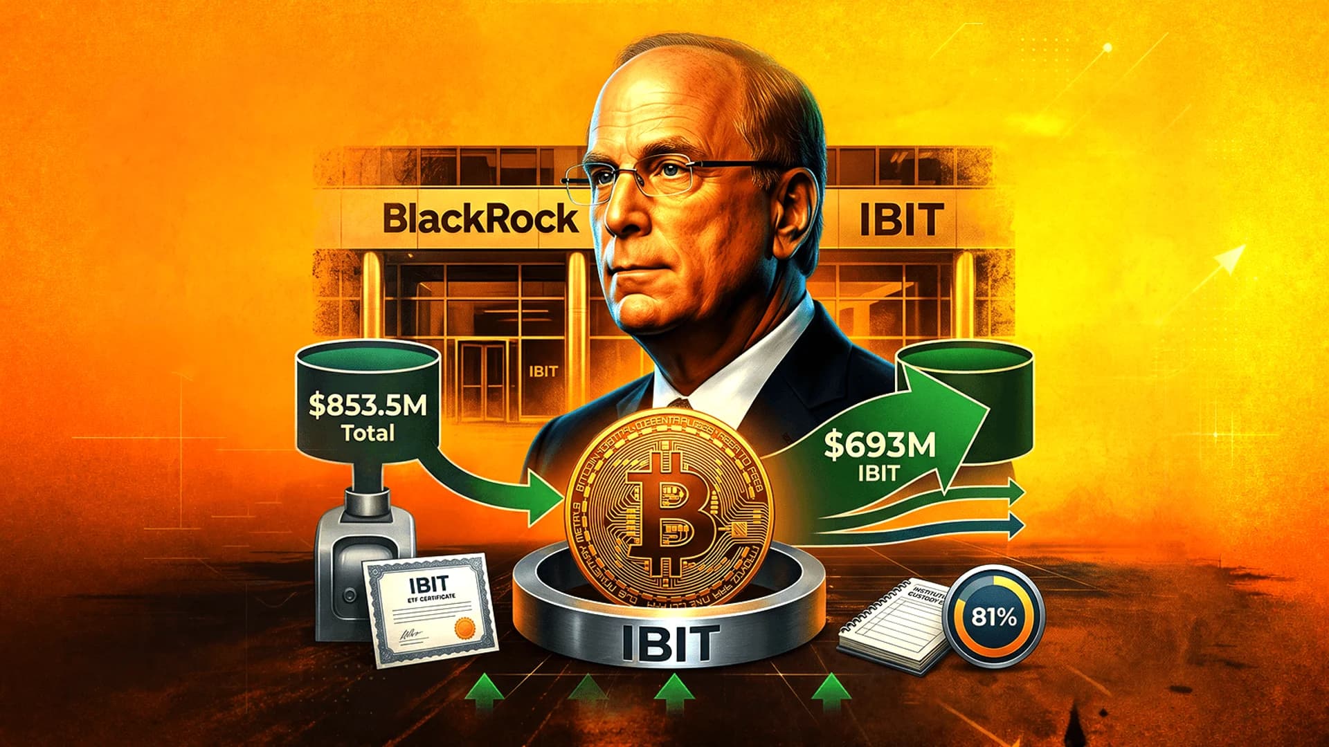 رسم توضيحي لاري فينك مع مبنى بلاك روك، وعملة بيتكوين، وبيانات صندوق IBIT على خلفية برتقالية.
