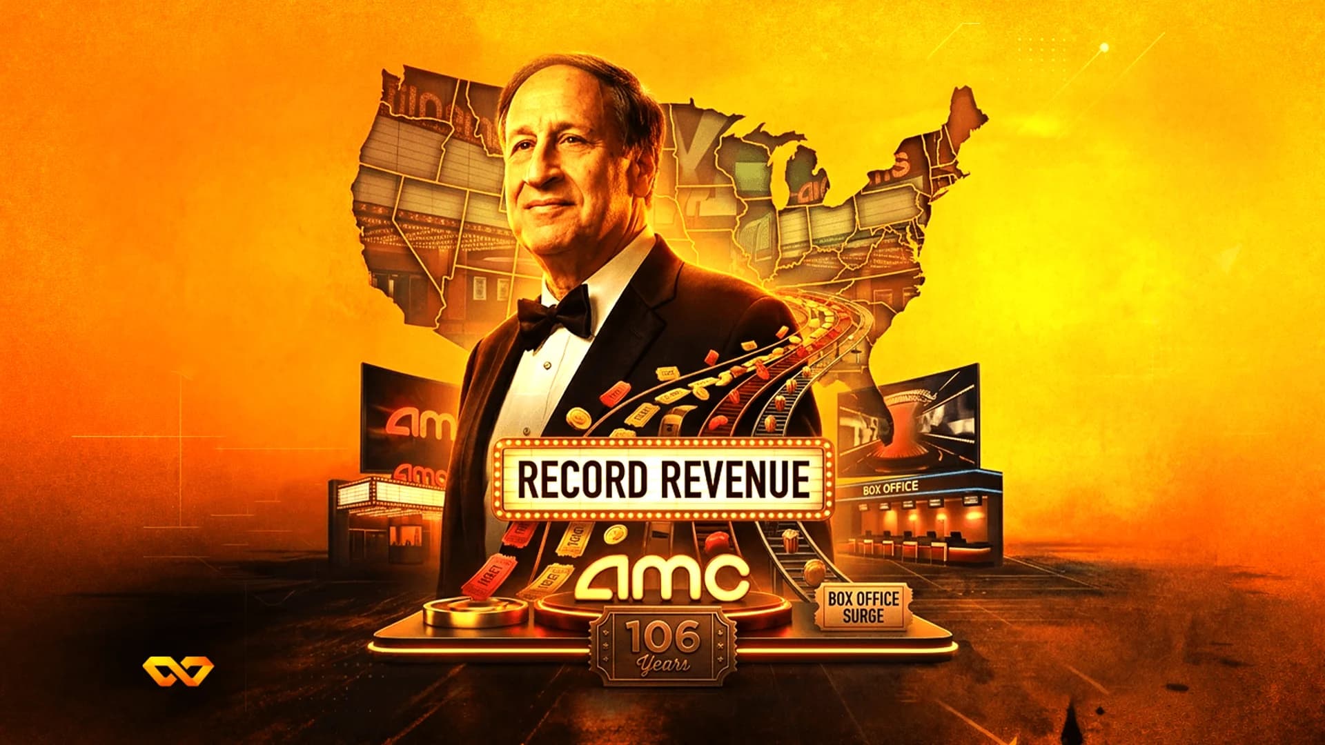 صورة لرجل ببدلة رسمية أمام خريطة أمريكا، مع شعار AMC وعبارة 'RECORD REVENUE' على خلفية برتقالية.