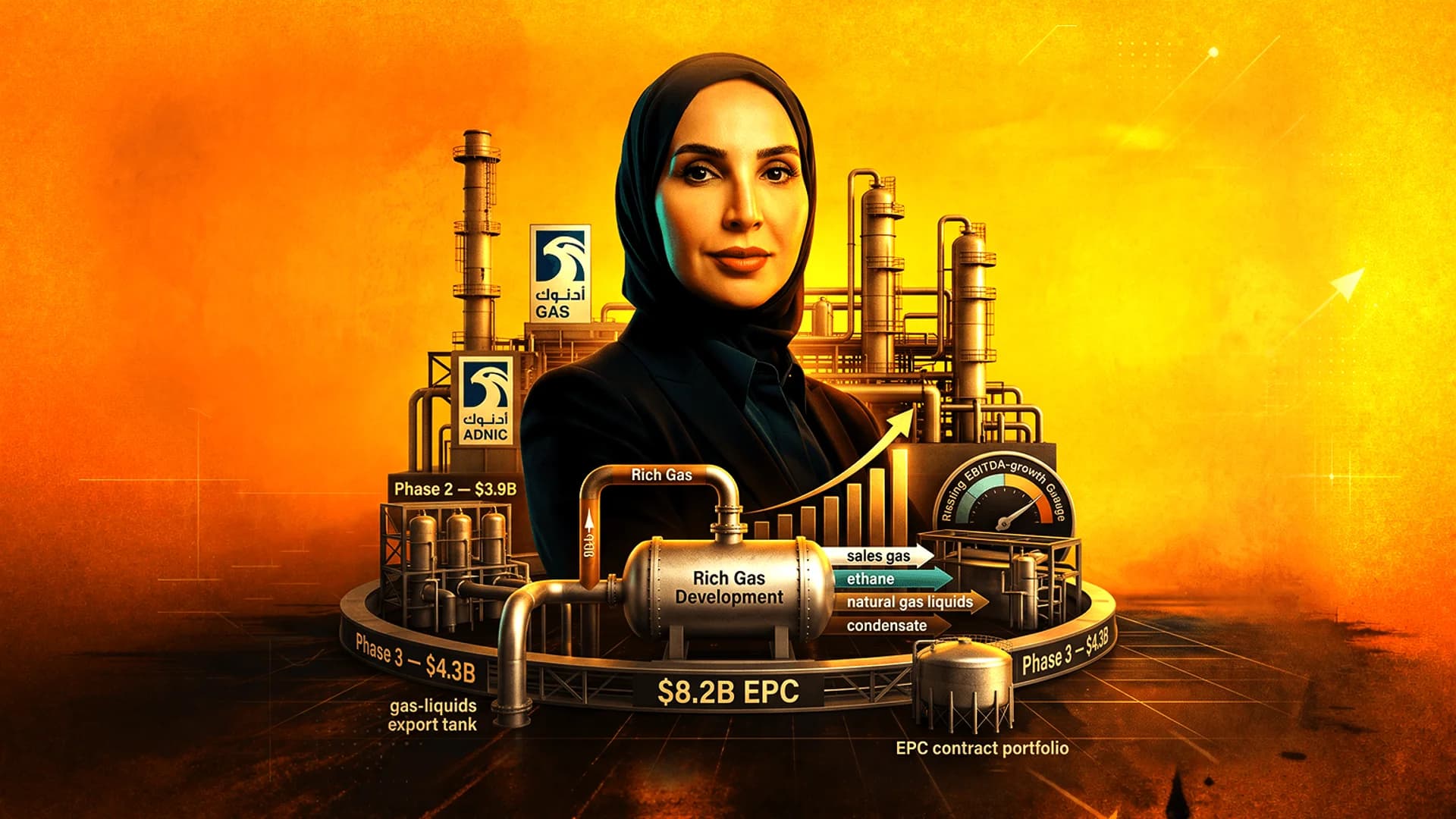صورة لامرأة ترتدي الحجاب فوق رسم توضيحي لمحطة غاز مع رسوم بيانية مالية وشعارات أدنوك.