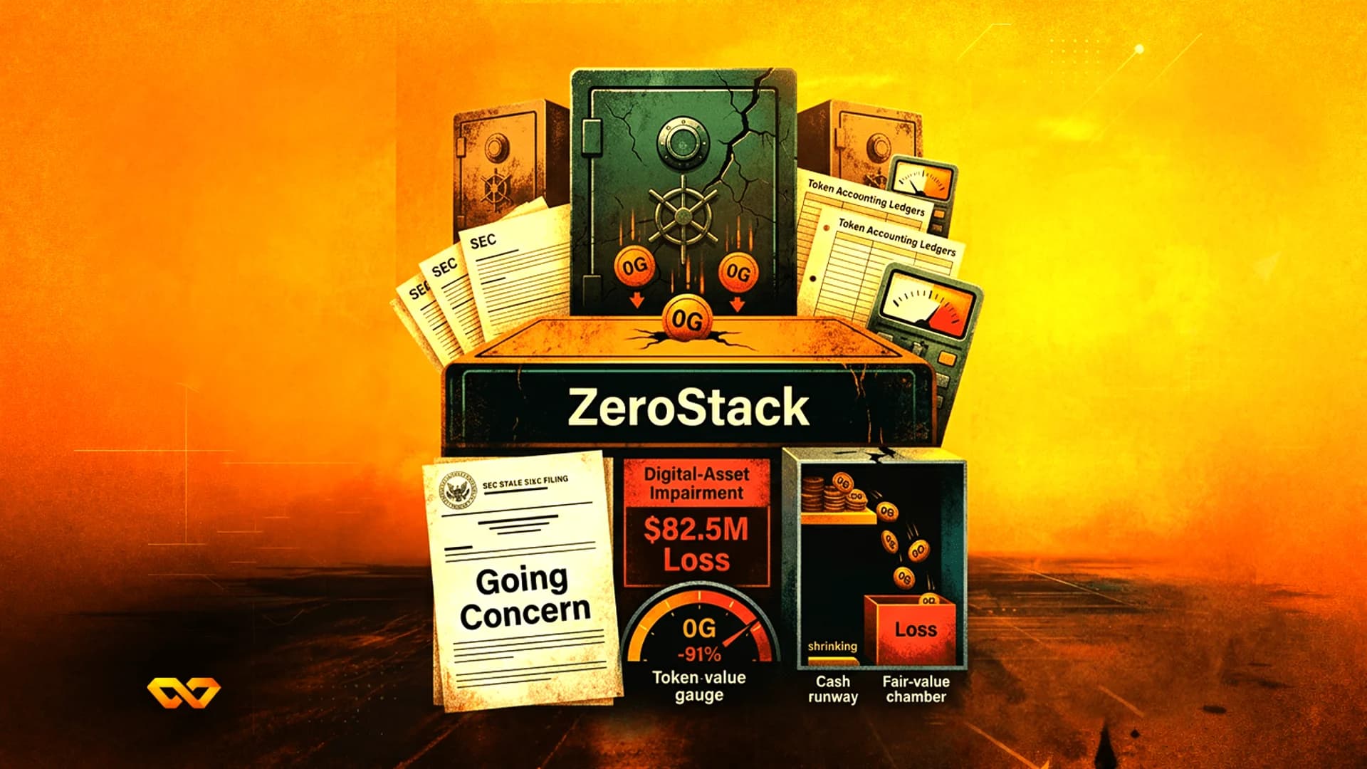 رسم توضيحي لخزنة متصدعة تحمل اسم ZeroStack، وعملات متساقطة، ومقاييس تظهر الخسارة، ووثائق هيئة الأوراق المالية.