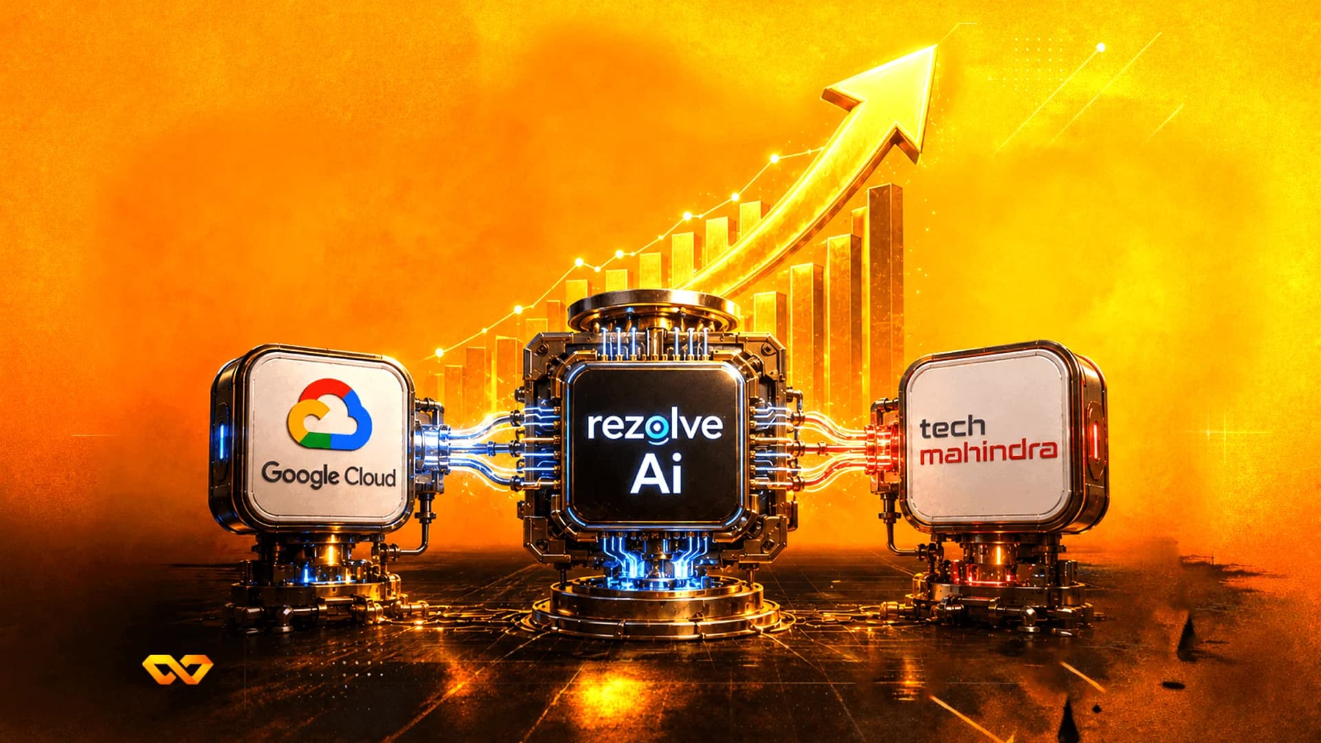 رسم توضيحي لوحدات Google Cloud وTech Mahindra متصلة بمعالج Rezolve AI مع رسم بياني صاعد.