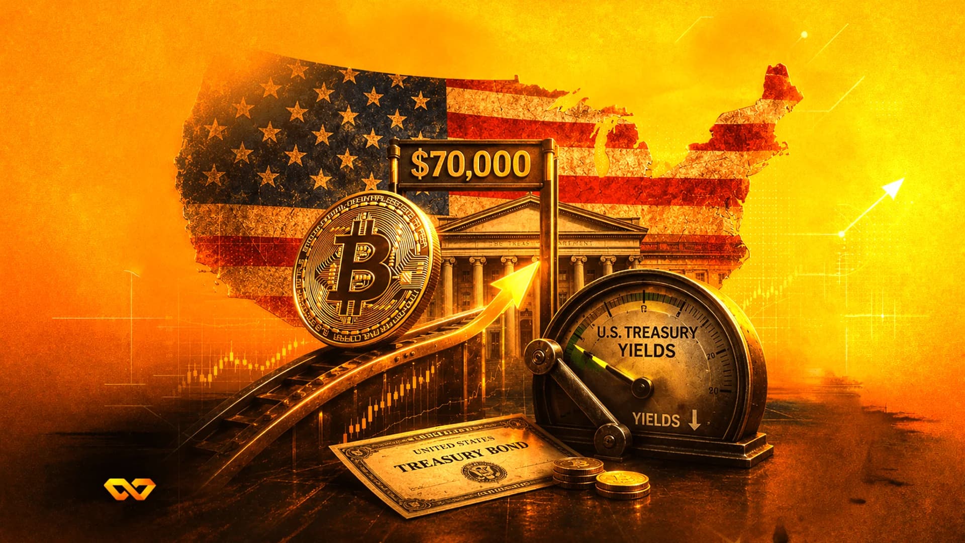 عملة بيتكوين وسند خزانة أمريكي ومقياس عوائد أمام خريطة للولايات المتحدة بنمط العلم الأمريكي بألوان ذهبية.