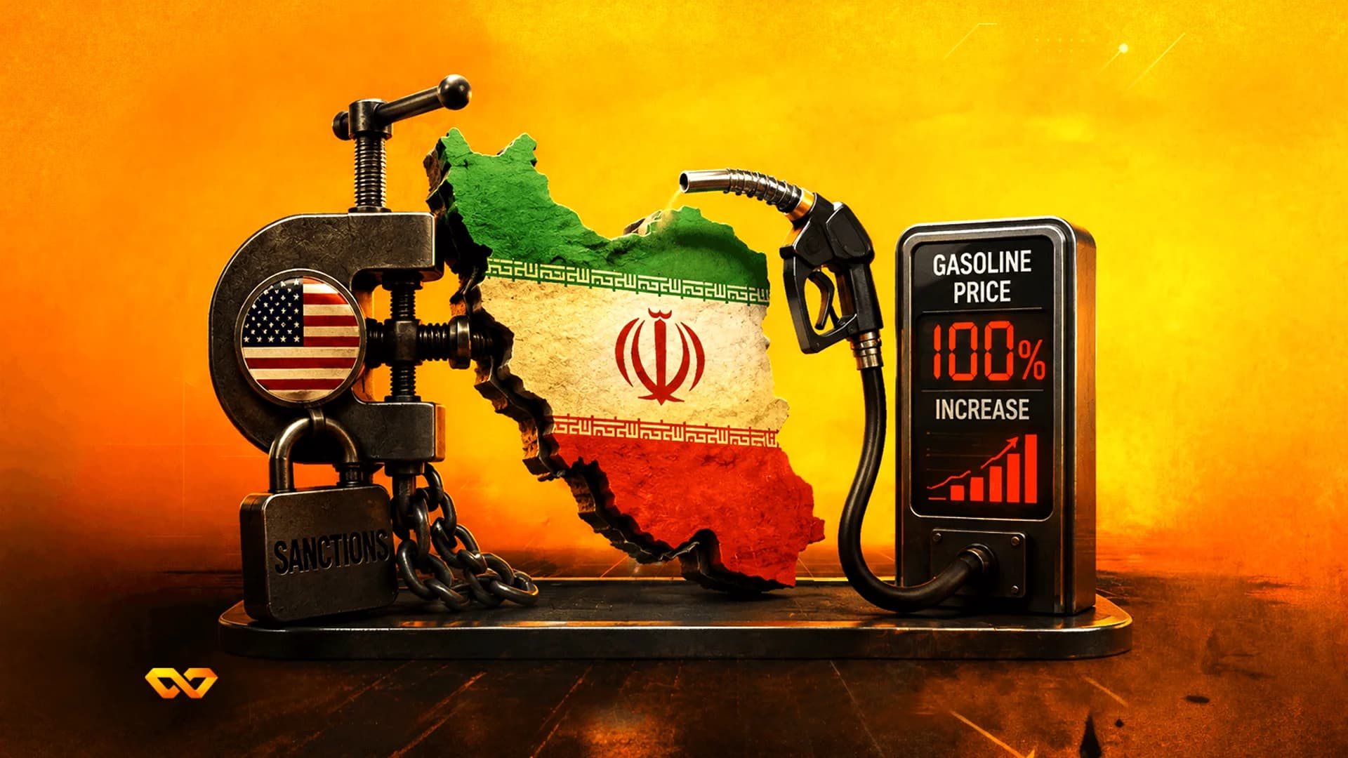 خريطة لإيران مضغوطة بمشبك يحمل العلم الأمريكي بجوار شاشة رقمية تظهر ارتفاع أسعار البنزين.