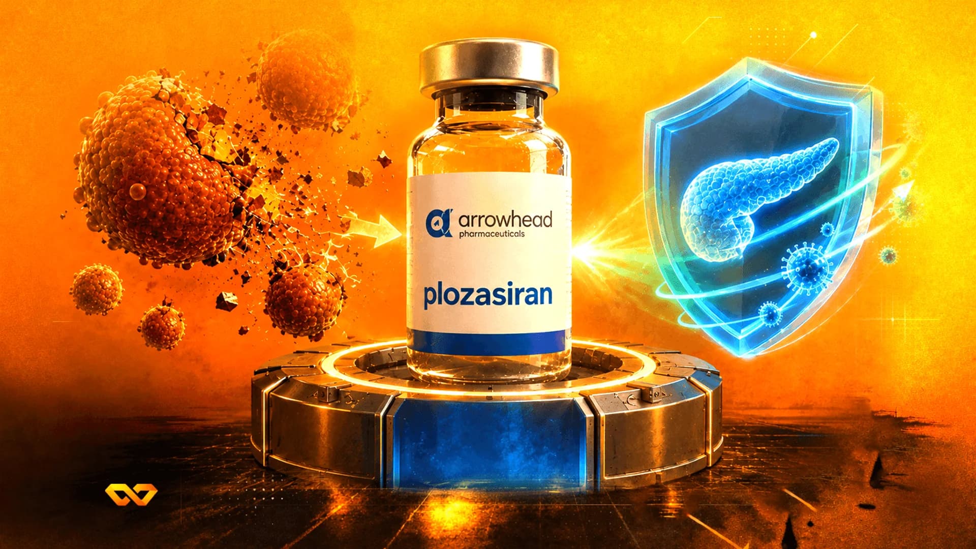 قارورة بلوزاسيران من Arrowhead Pharmaceuticals مع بنكرياس محمي وخلايا متفجرة على خلفية برتقالية.