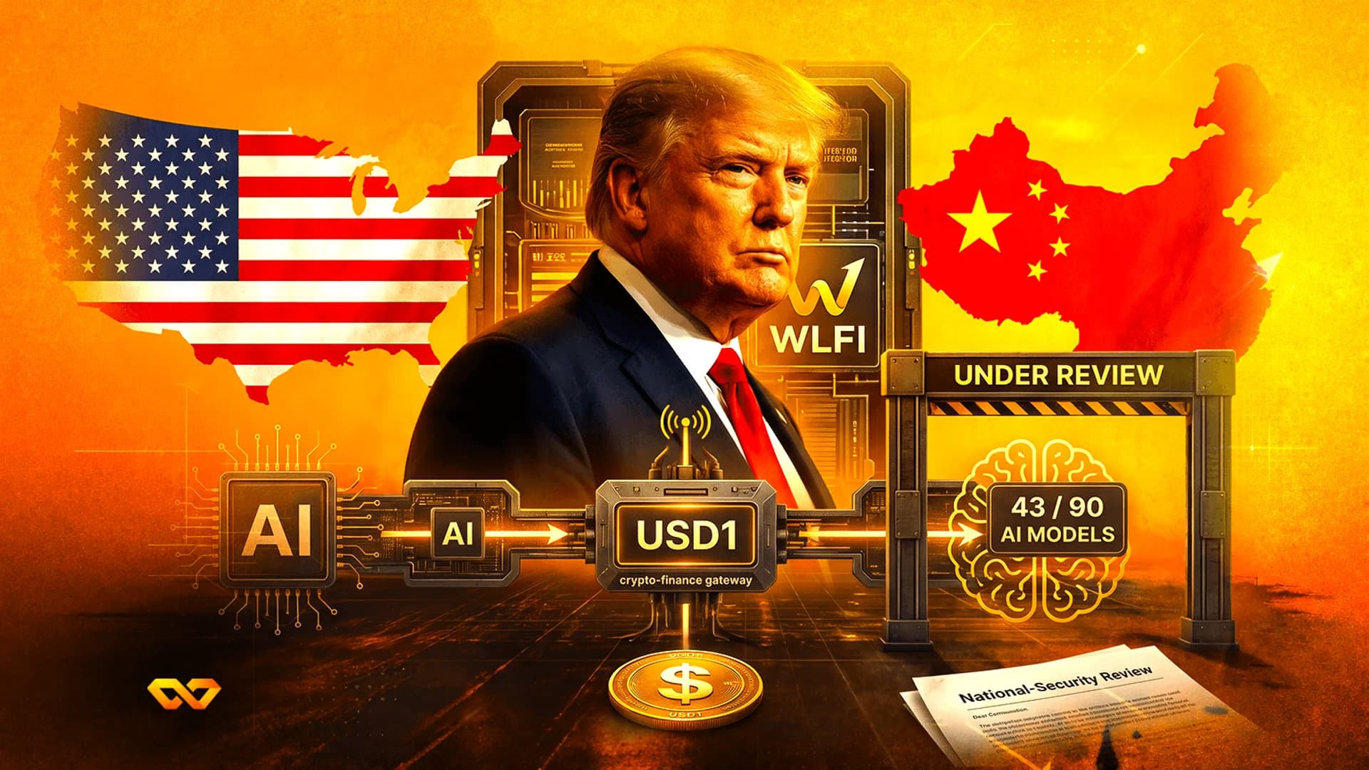 صورة لدونالد ترامب بين خريطتي الولايات المتحدة والصين مع رقائق ذكاء اصطناعي وعملة USD1 وبوابة مراجعة أمنية.