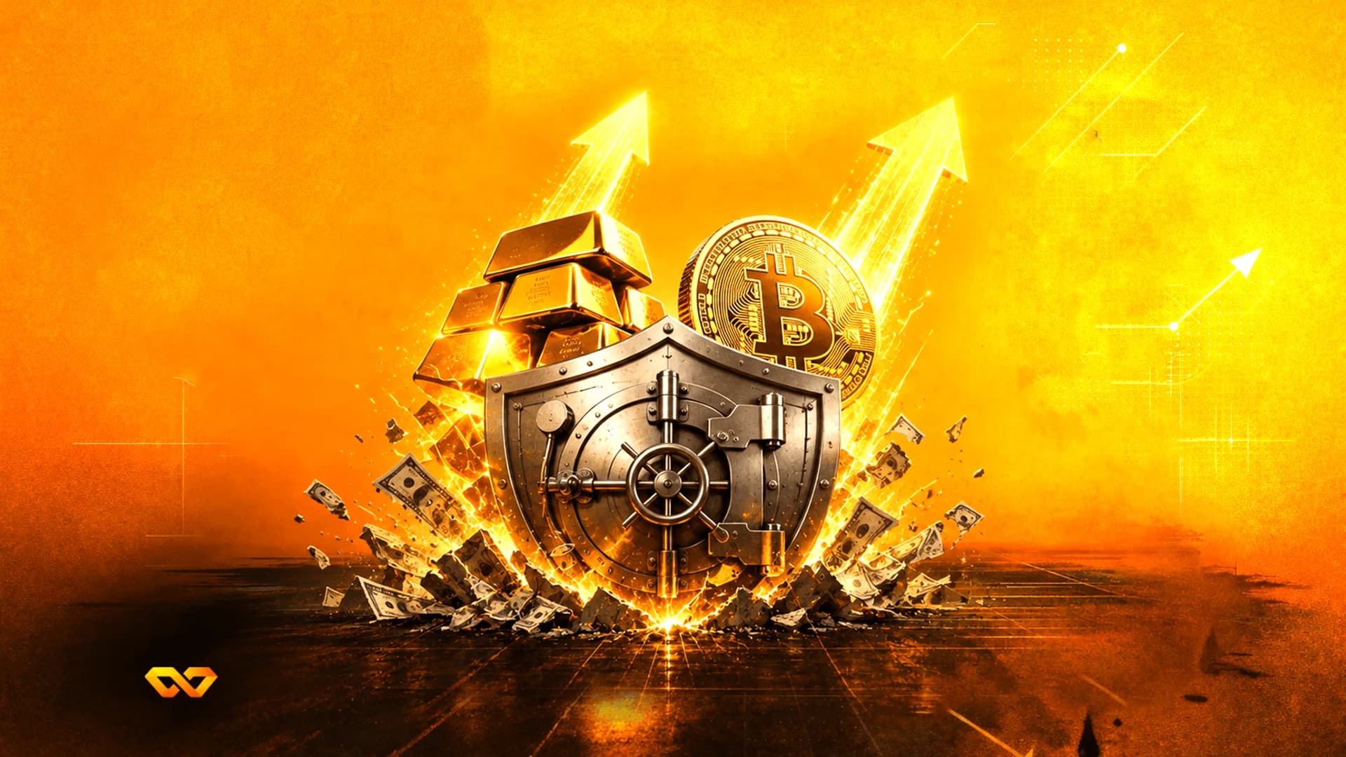 سبائك ذهب وعملة بيتكوين خلف باب خزنة على شكل درع مع أسهم متوهجة للأعلى على خلفية برتقالية.