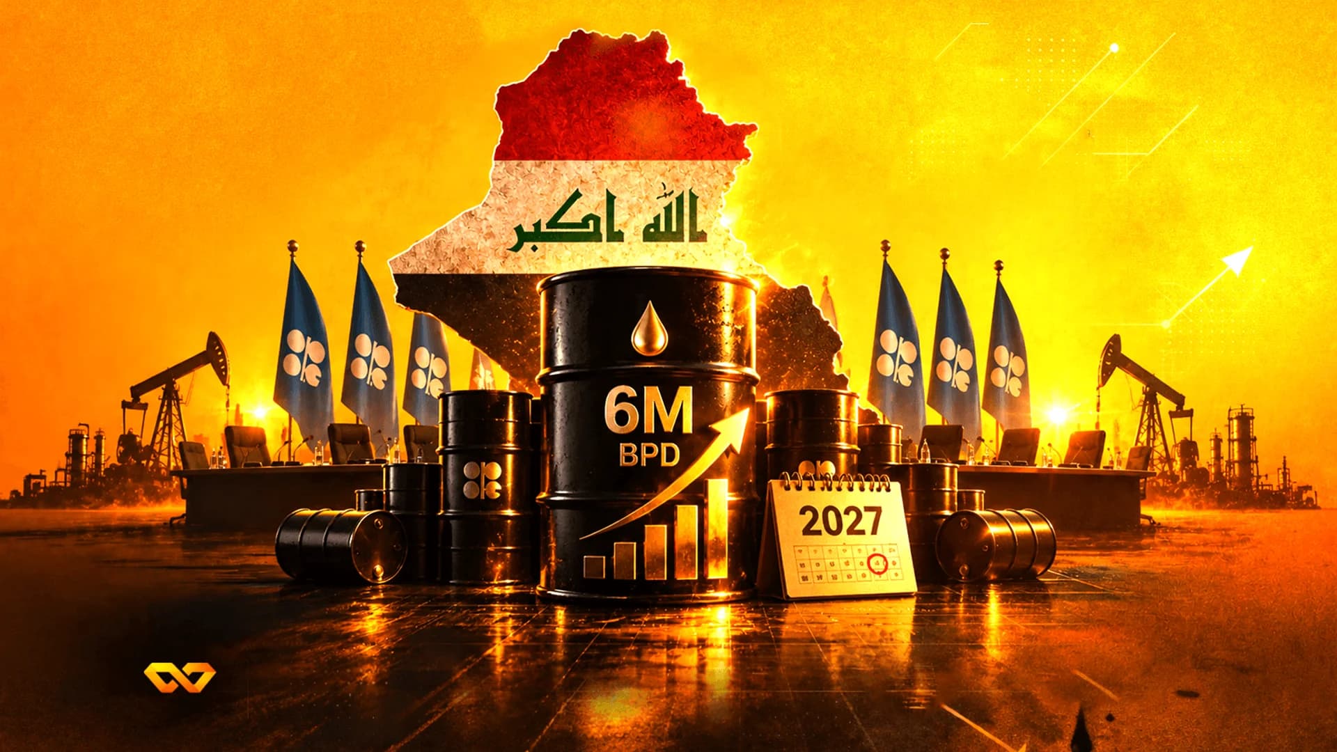 خريطة العراق مع العلم، براميل نفط، أعلام أوبك، وتقويم لعام 2027 على خلفية ذهبية.
