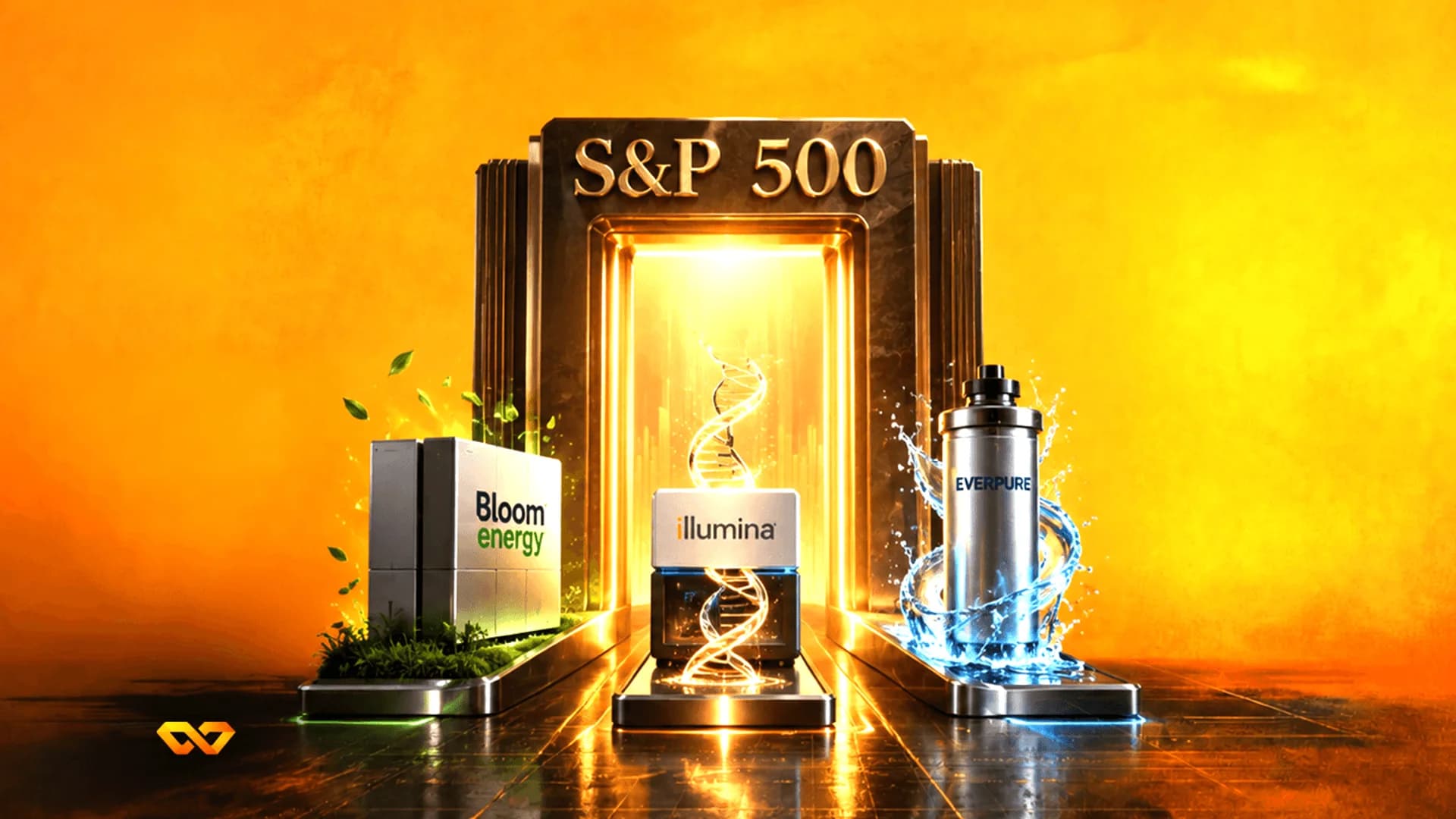 بوابة ذهبية لمؤشر S&P 500 تضم منتجات بلوم إنيرجي وإلومينا وإيفر بيور على منصات مع تأثيرات مضيئة.