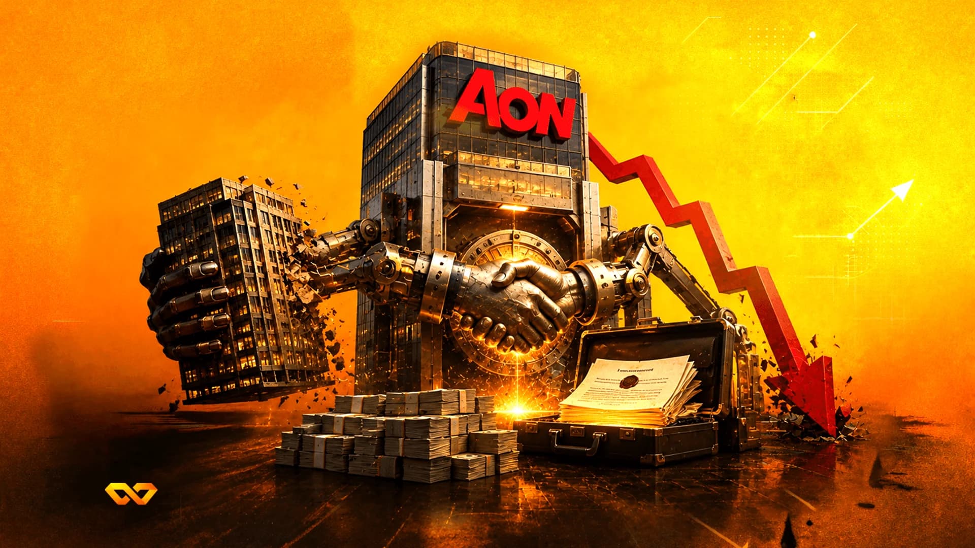 مبنى يحمل شعار AON بأذرع آلية تتصافح وتحطم مبنى آخر بجانب سهم أحمر هابط.