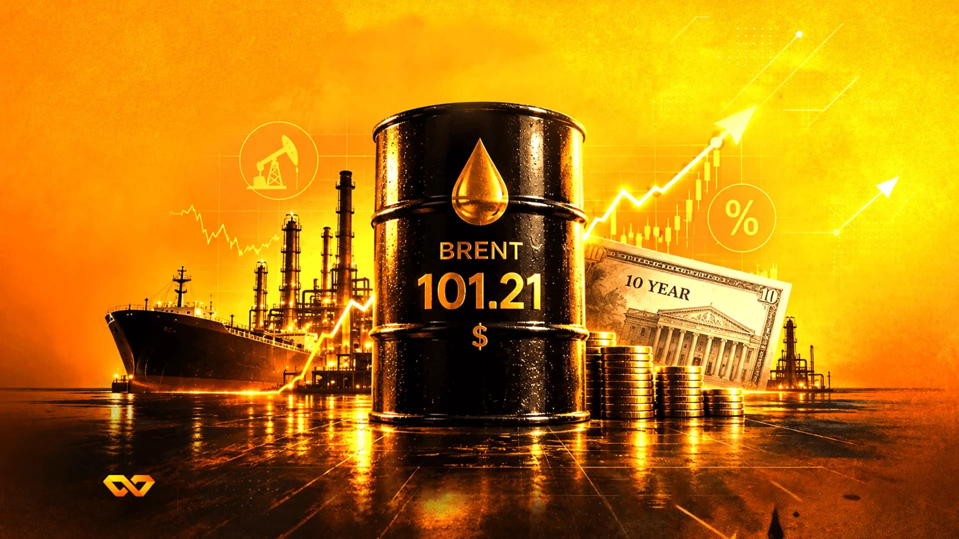برميل نفط أسود عليه نص BRENT 101.21 ومصفاة وناقلة ورسوم بيانية صاعدة على خلفية ذهبية.