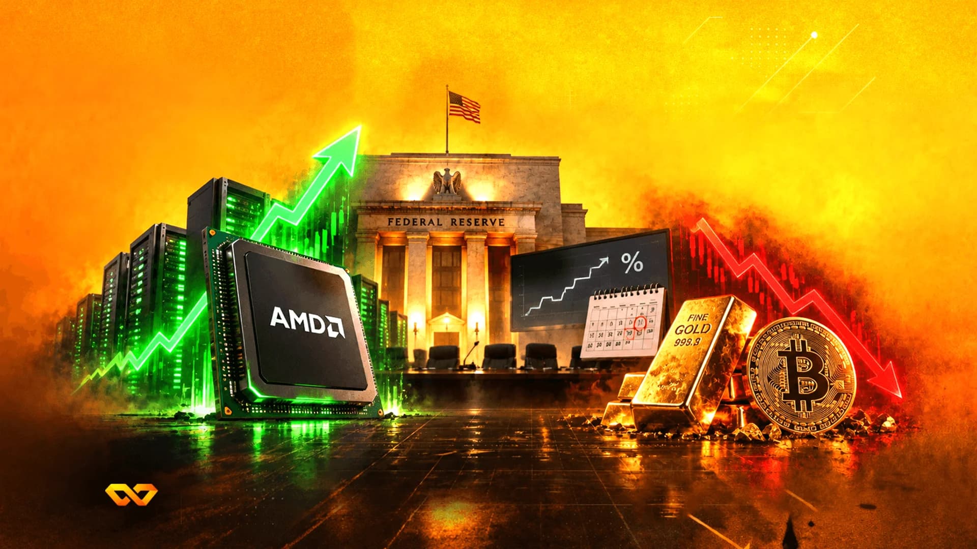 معالج AMD مع سهم أخضر صاعد، مبنى الاحتياطي الفيدرالي، سبائك ذهب، وعملة بيتكوين مع سهم أحمر هابط.