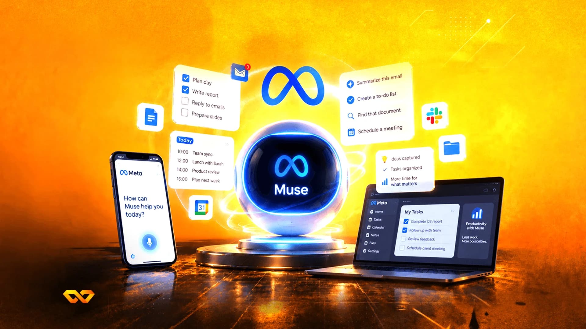 رسم توضيحي لمساعد Meta Muse الذكي مع عناصر واجهة عائمة وهاتف ذكي وحاسوب محمول.