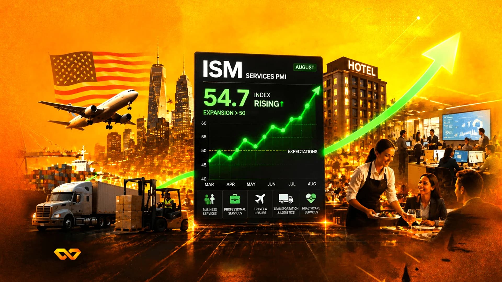 شاشة رقمية تعرض مؤشر مديري المشتريات الخدمي ISM عند 54.7 مع رسم بياني صاعد، وعلم الولايات المتحدة، وخلفية لمدينة.