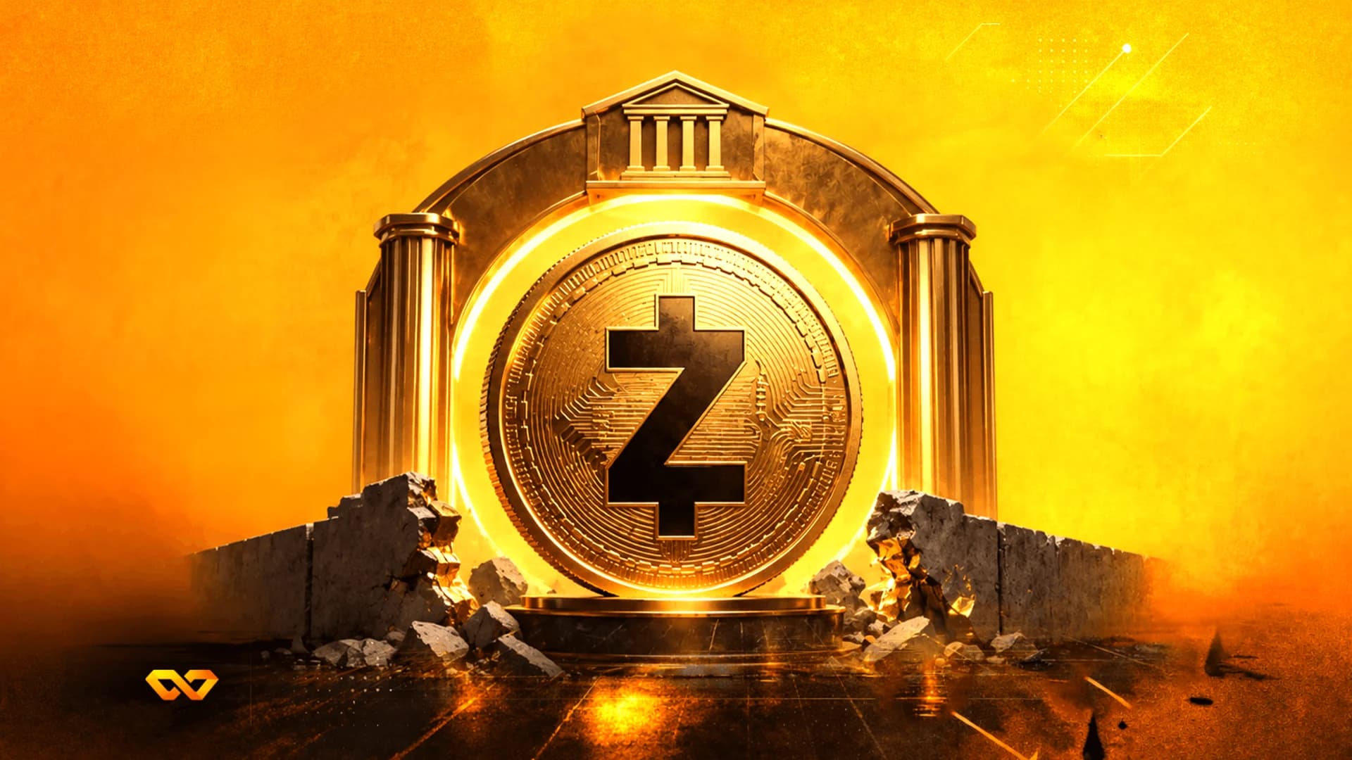عملة ذهبية تحمل شعار حرف Z أسود داخل قوس حجري كلاسيكي على خلفية برتقالية زاهية.