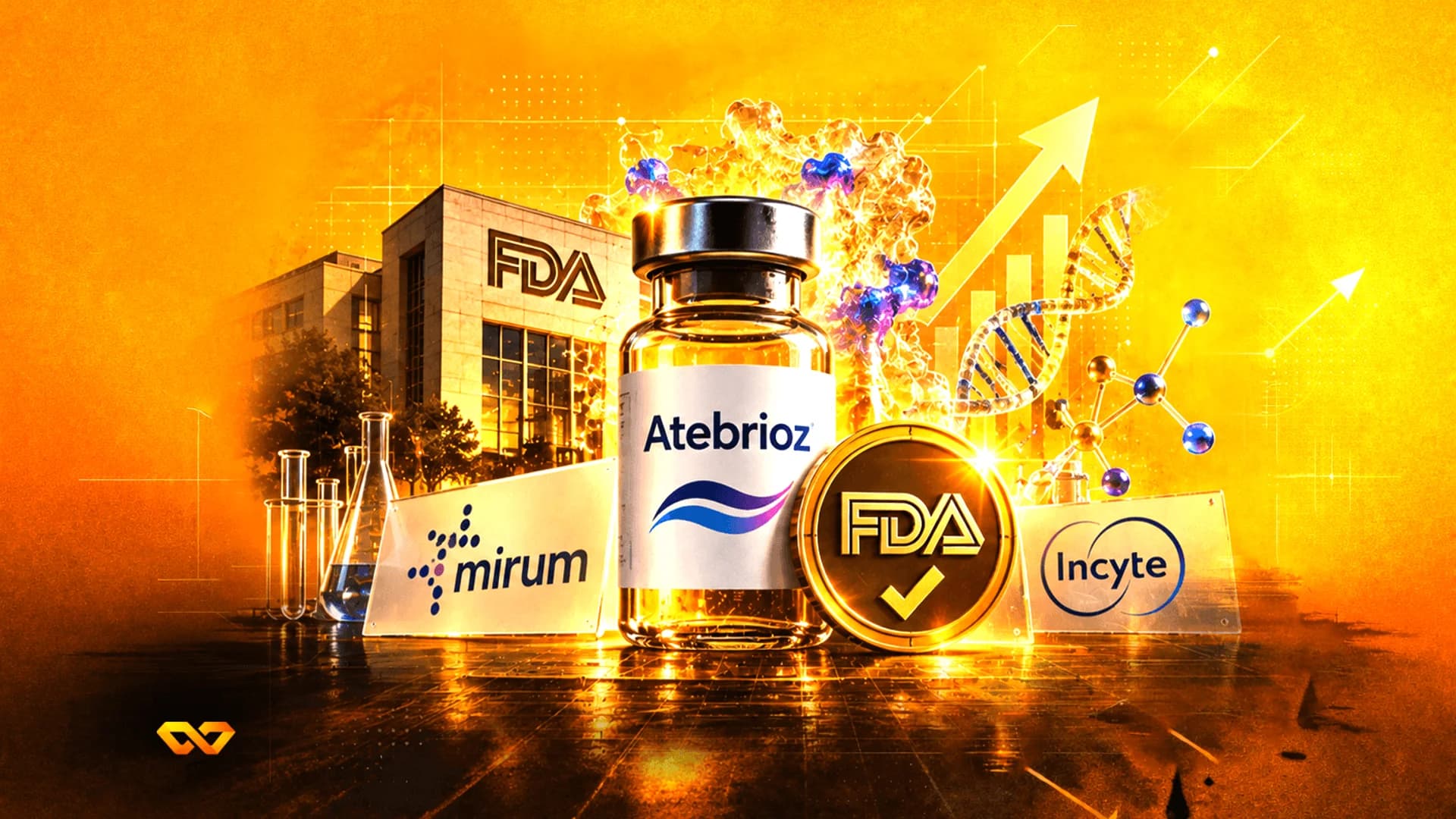 قارورة دواء Atebrioz مع شعارات Mirum وIncyte، ومبنى إدارة الغذاء والدواء، ولولب DNA، وسهم صاعد على خلفية ذهبية.