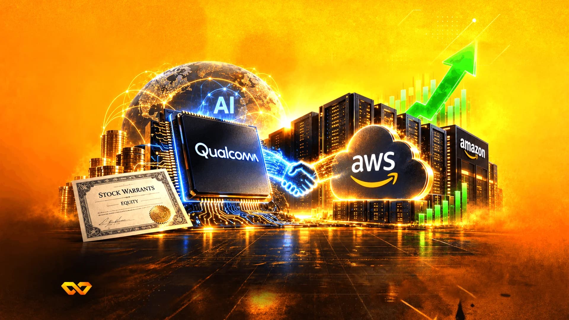 رسم رقمي لشريحة كوالكوم تصافح شعار سحابة AWS على خلفية تقنية برتقالية.