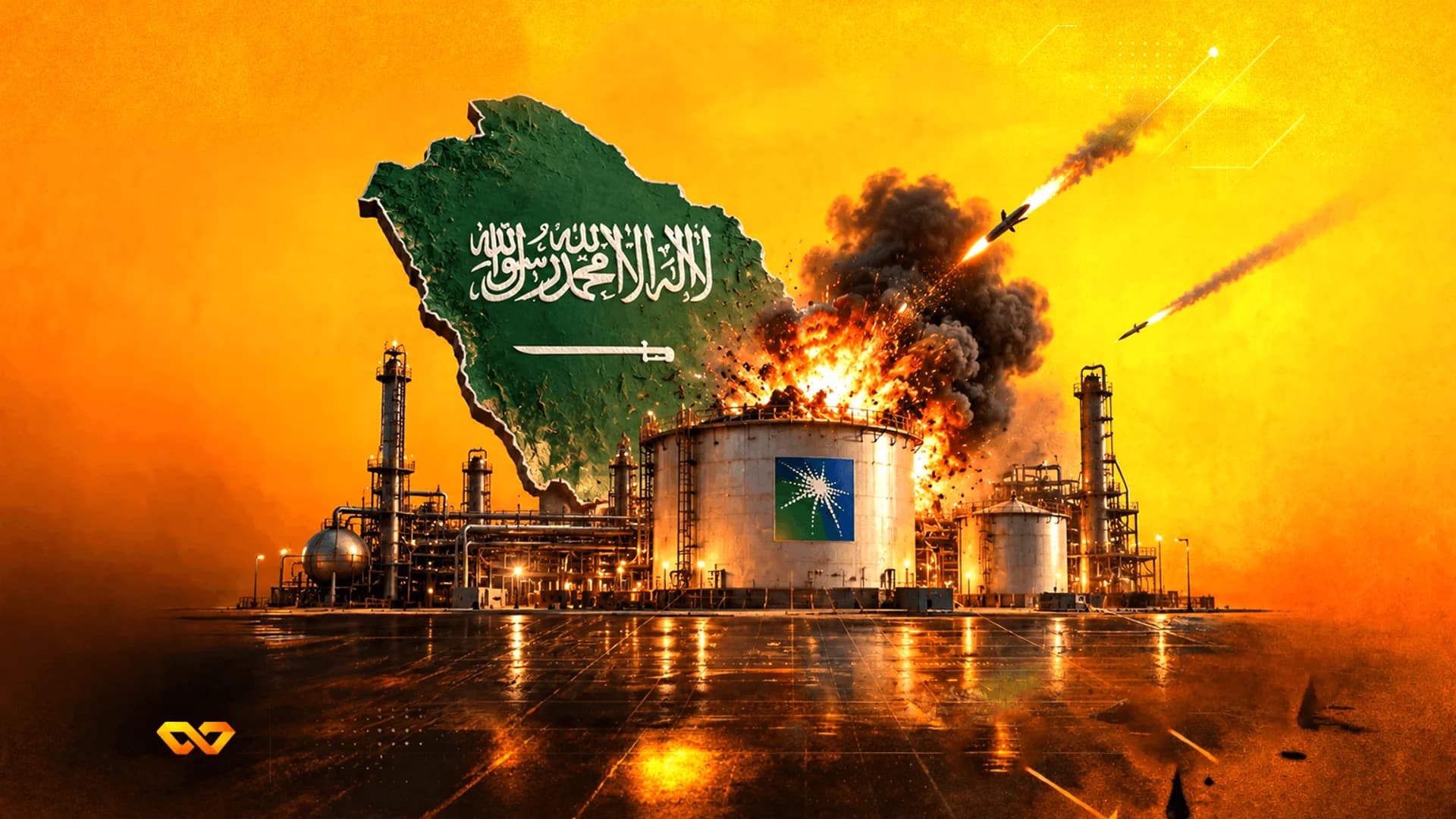 فن رقمي لانفجار مصفاة نفط مع خريطة علم السعودية وصواريخ قادمة.