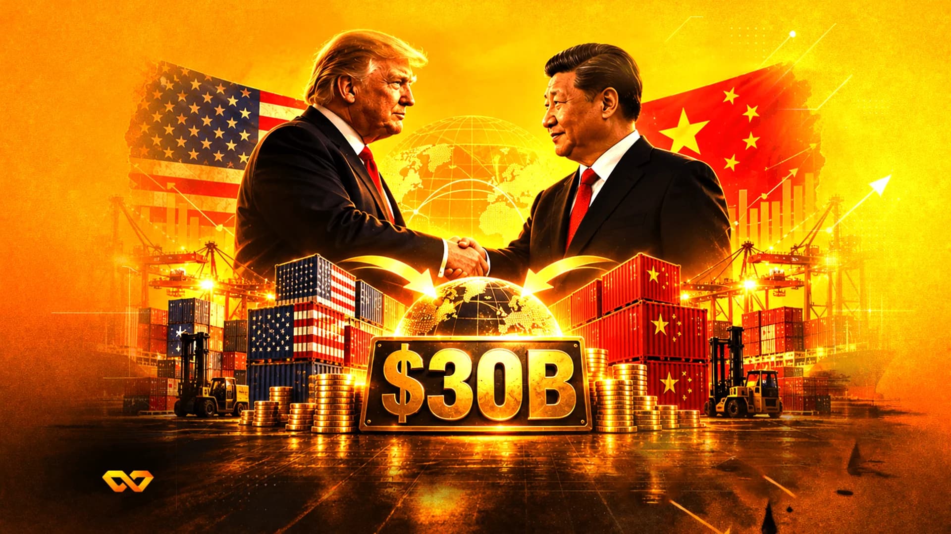 دونالد ترامب وشي جين بينغ يتصافحان أمام علمي أمريكا والصين وحاويات شحن وعلامة 30 مليار دولار.