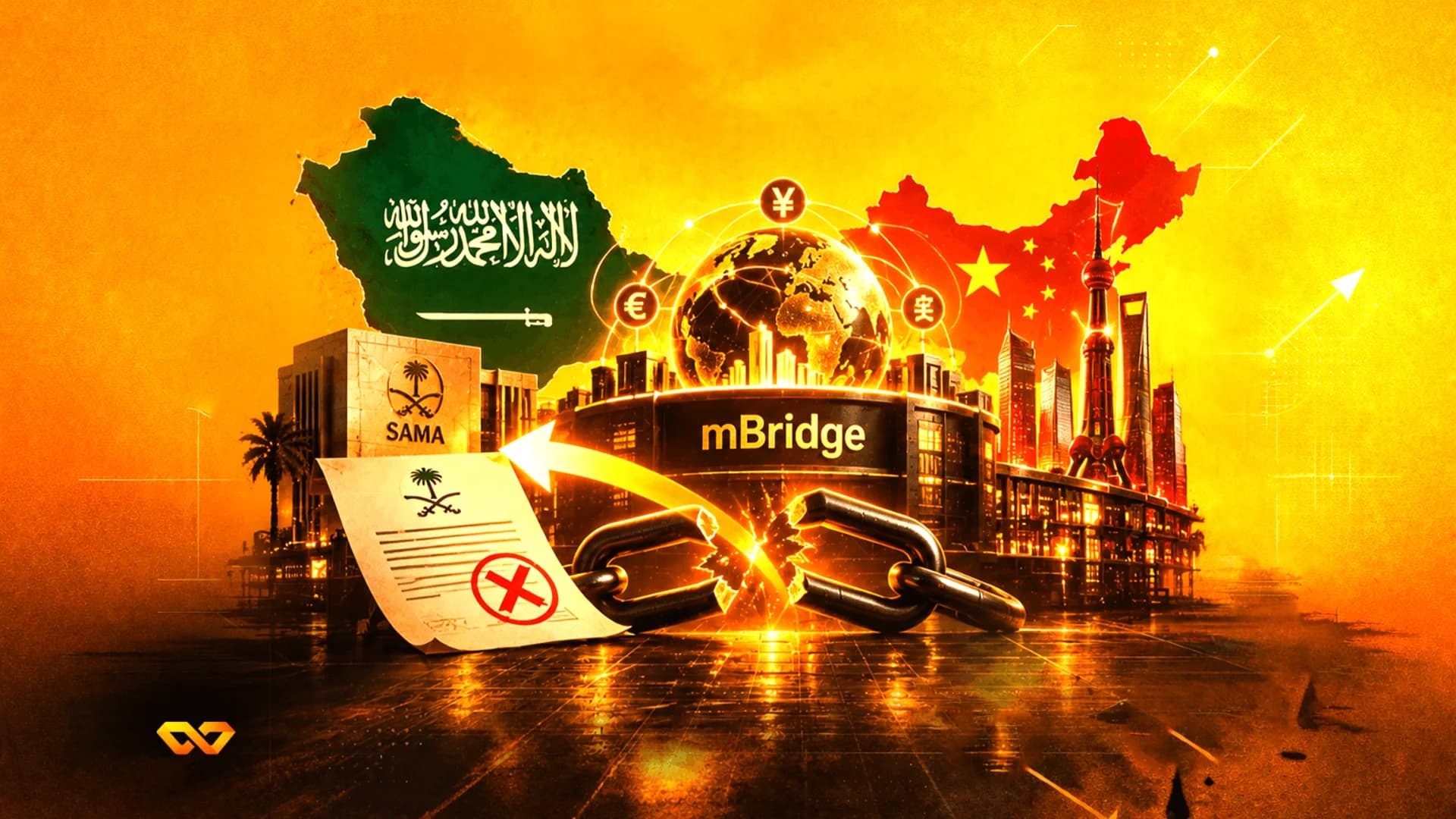 رسم توضيحي لخرائط وأعلام السعودية والصين، شعار ساما، نص mBridge، وسلسلة مكسورة.