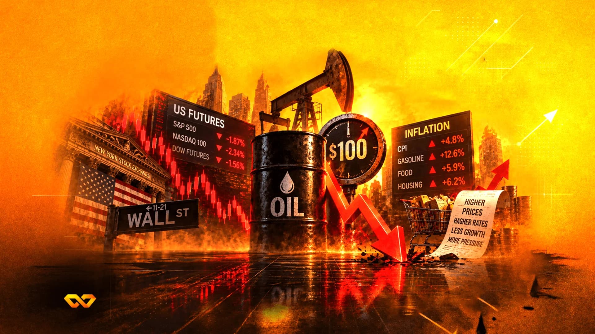 كولاج رقمي لبرميل نفط، مبنى بورصة نيويورك، لافتة وول ستريت، ولوحات تظهر هبوط الأسهم وارتفاع التضخم.