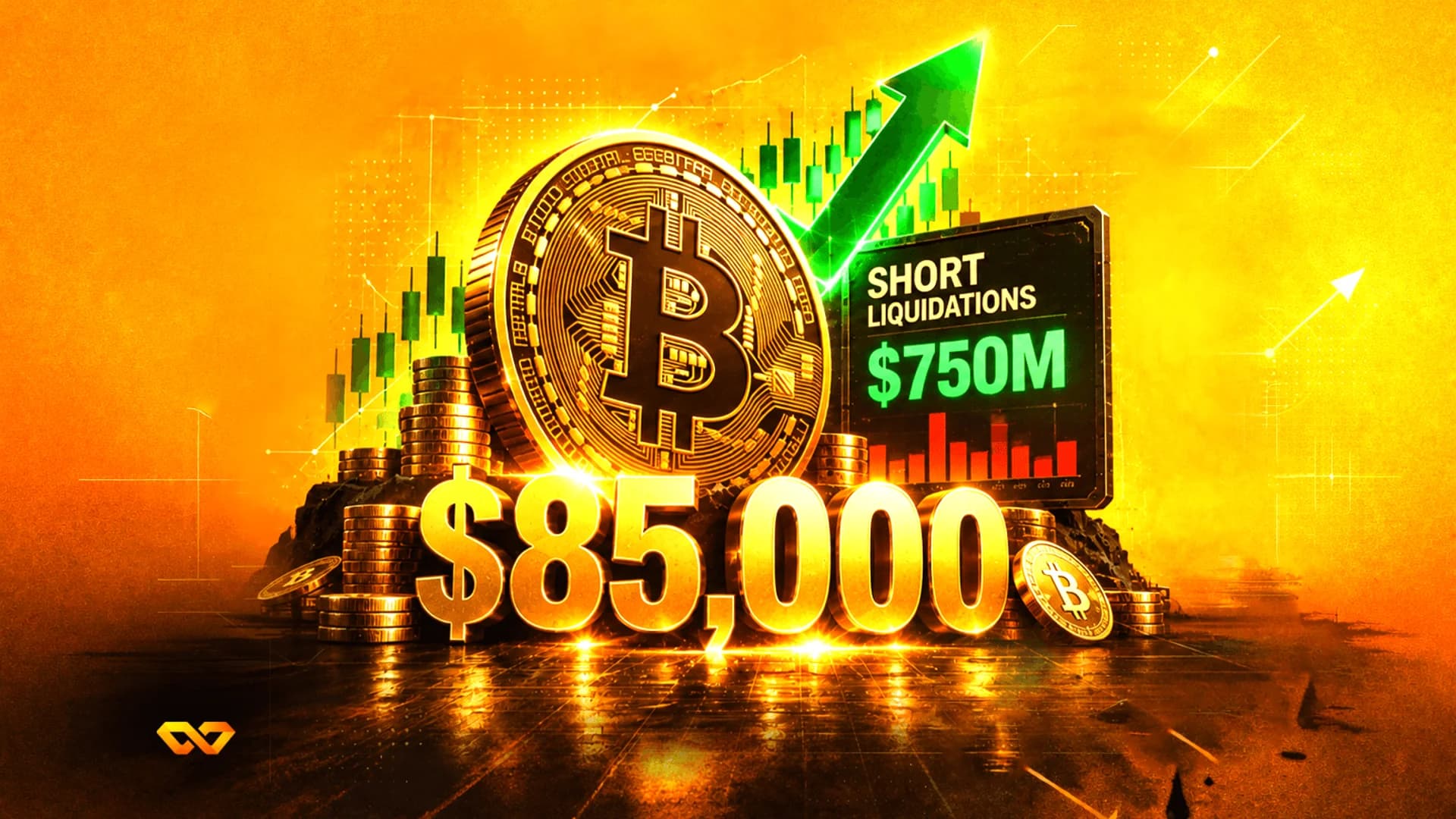 عملة بيتكوين وسهم أخضر صاعد ونص ذهبي بقيمة 85,000 دولار على خلفية برتقالية متوهجة.