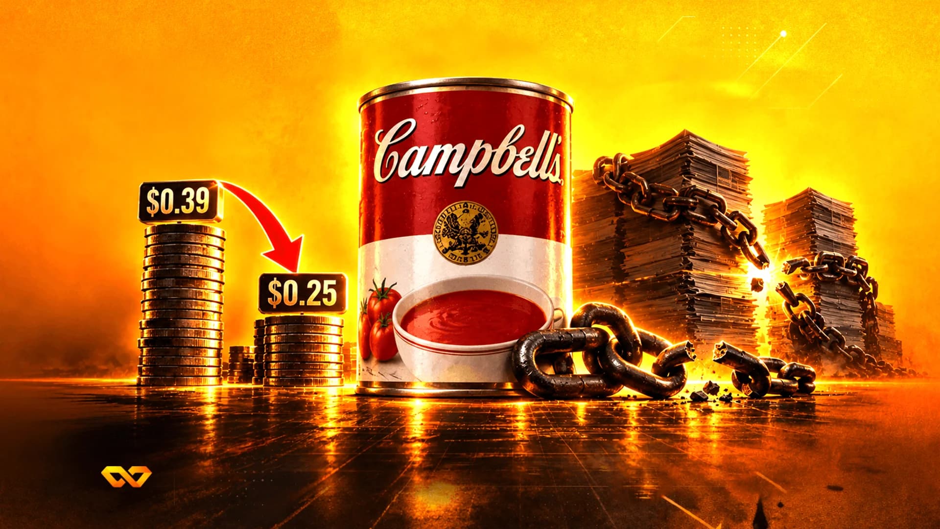 علبة حساء كامبل بجانب أكوام عملات تظهر انخفاض السعر من 0.39 إلى 0.25 دولار وسلاسل معدنية مكسورة.